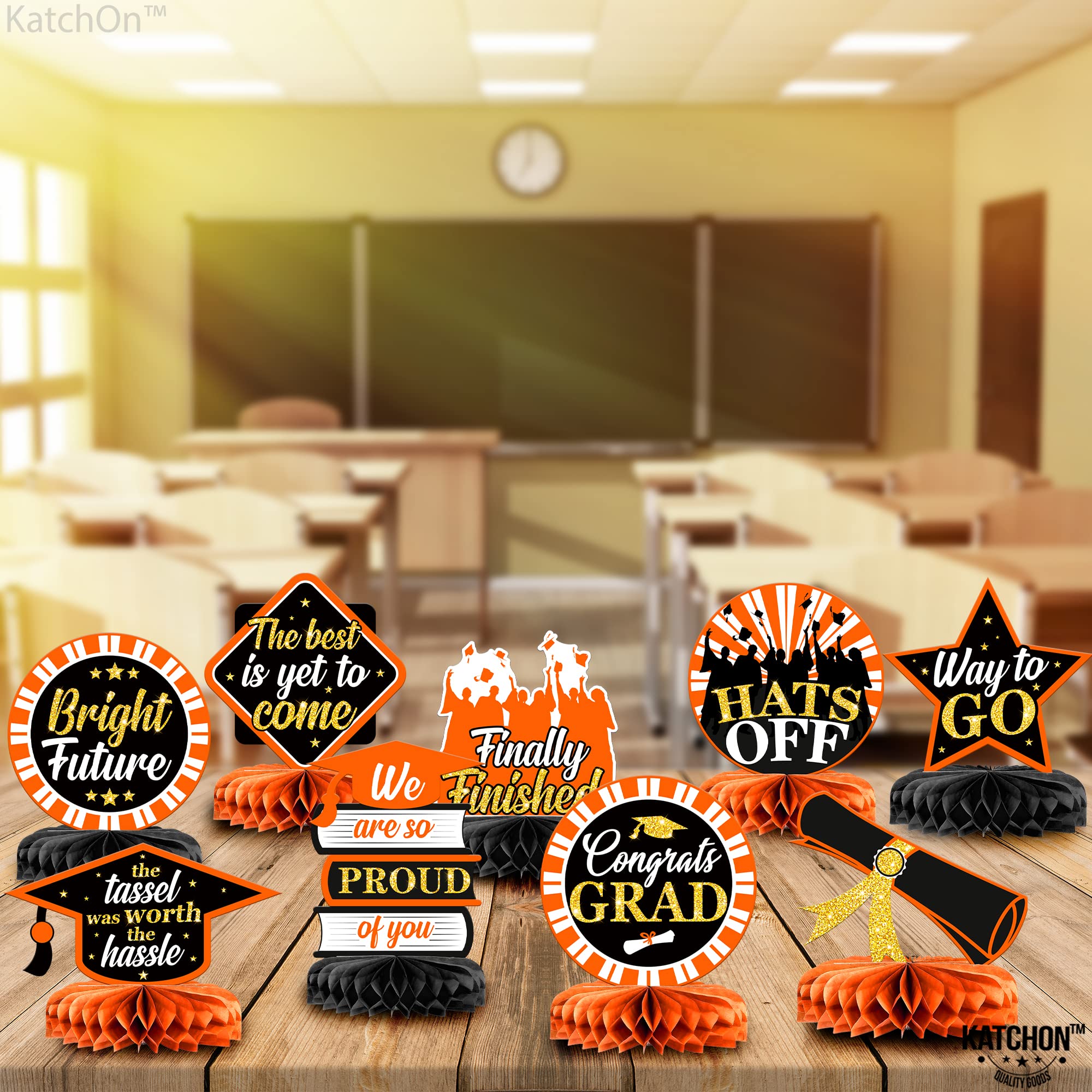 KatchOn Orange and Black Graduation Table Centerpieces - Pack of 9 | Class of 2025 Graduation Decorations | Perfect for Graduation Parties, Banquets & School Events