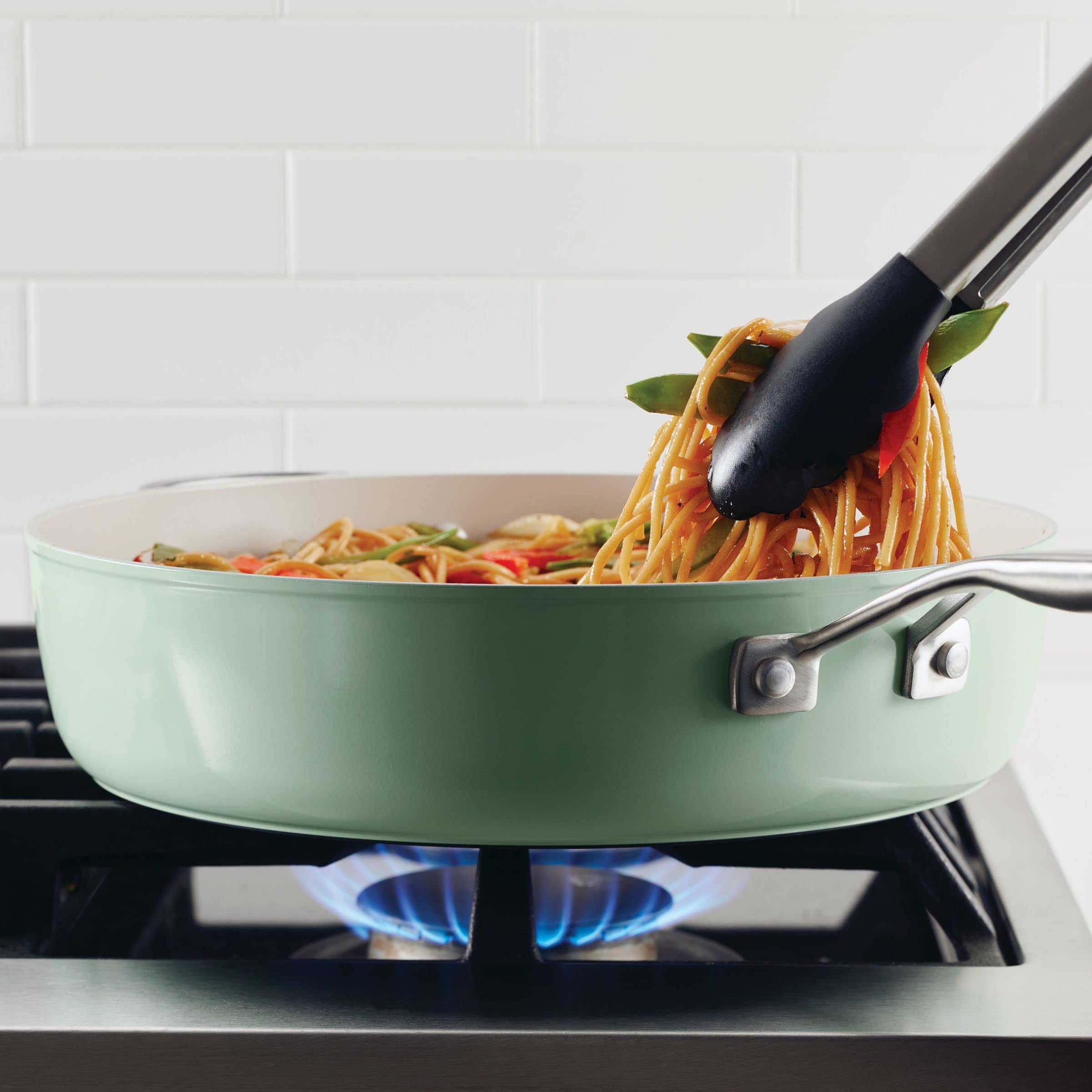 KitchenAid 5-Quart Nonstick Sauté Pan - Hard Anodized Ceramic Cookware with Shatter-Resistant Glass Lid & Riveted Handle - Even Heat Distribution, Oven Safe to 500°F, Easy to Clean - Pistachio Green - Perfect for Sautéing, Frying, and Simmering in Modern Kitchens