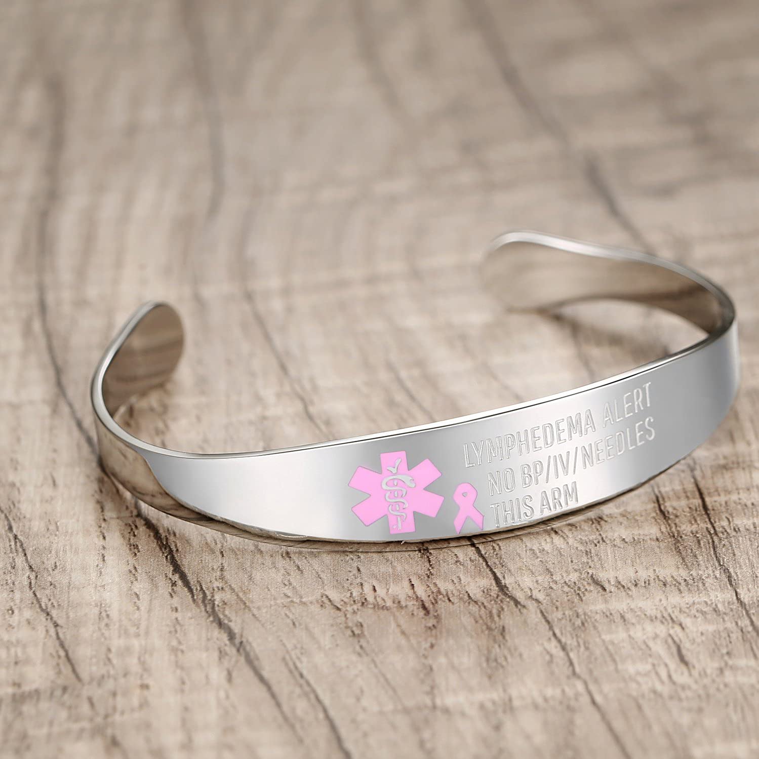 mnmoom Stainless Steel Medical ID Bracelet for Women - Pink Ribbon Lymphedema Alert Bangle (No BP, No Needles) | Ideal for Health Awareness & Emergency Medical Identification