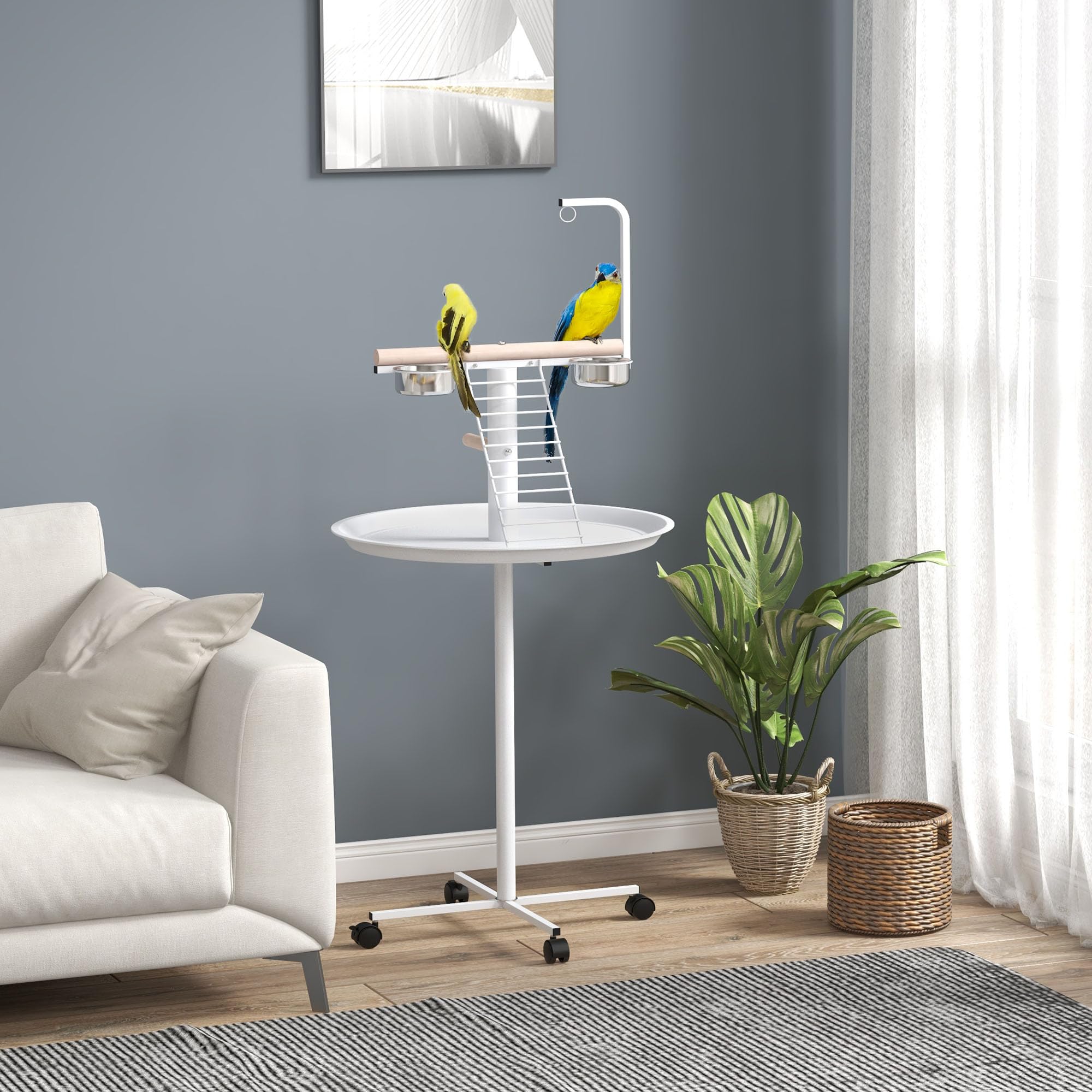 PawHut White Bird Stand with Wheels - Stainless Steel Feed Bowls & Round Tray - Indoor/Outdoor Parrot Play Stand with Perches - Perfect for Home, Garden, or Pet Store Use