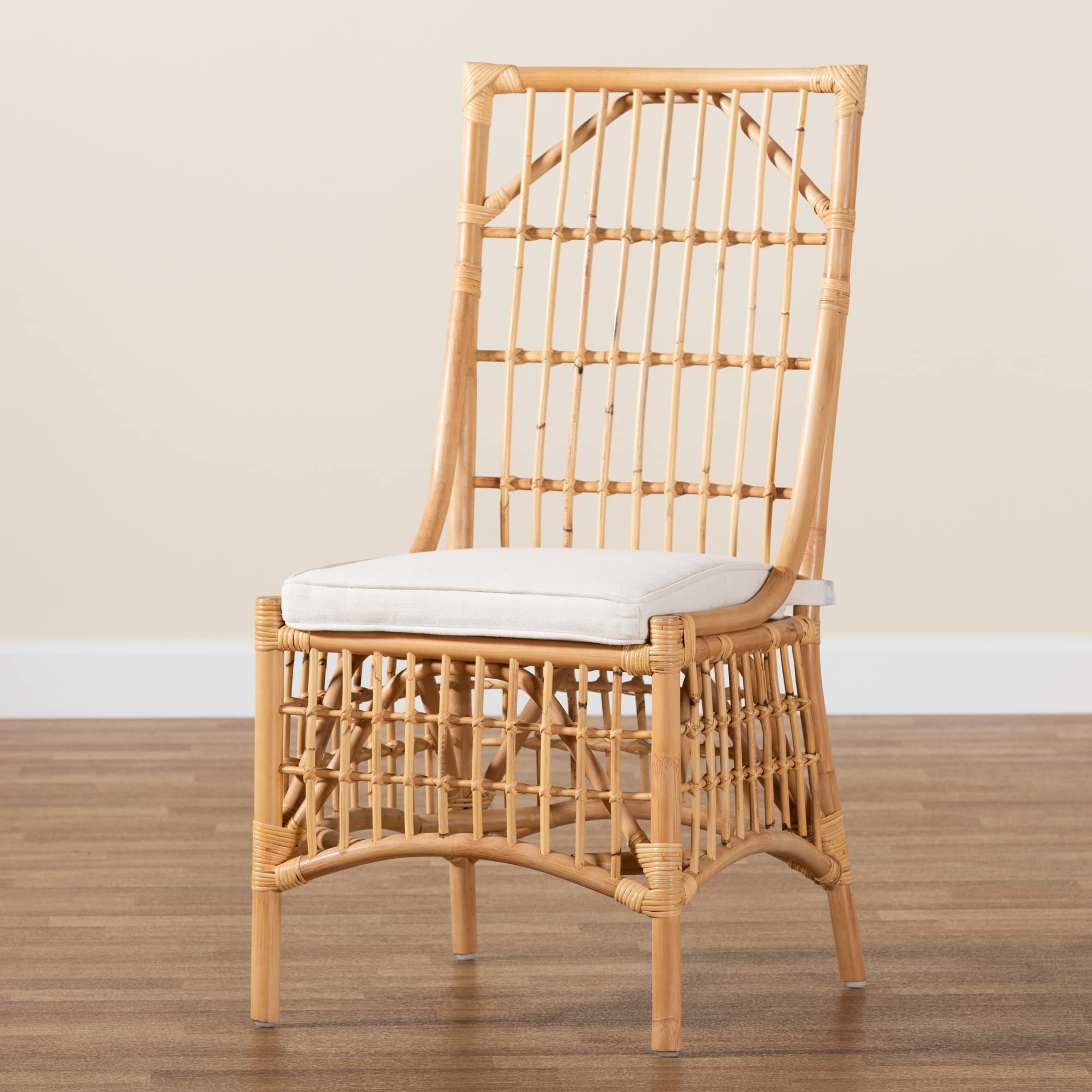 Baxton Studio Rose Dining Chair - White Fabric Upholstered with Natural Brown Rattan - Modern Farmhouse Dining Room Chair for Kitchen, Breakfast Nook, and Outdoor Patio