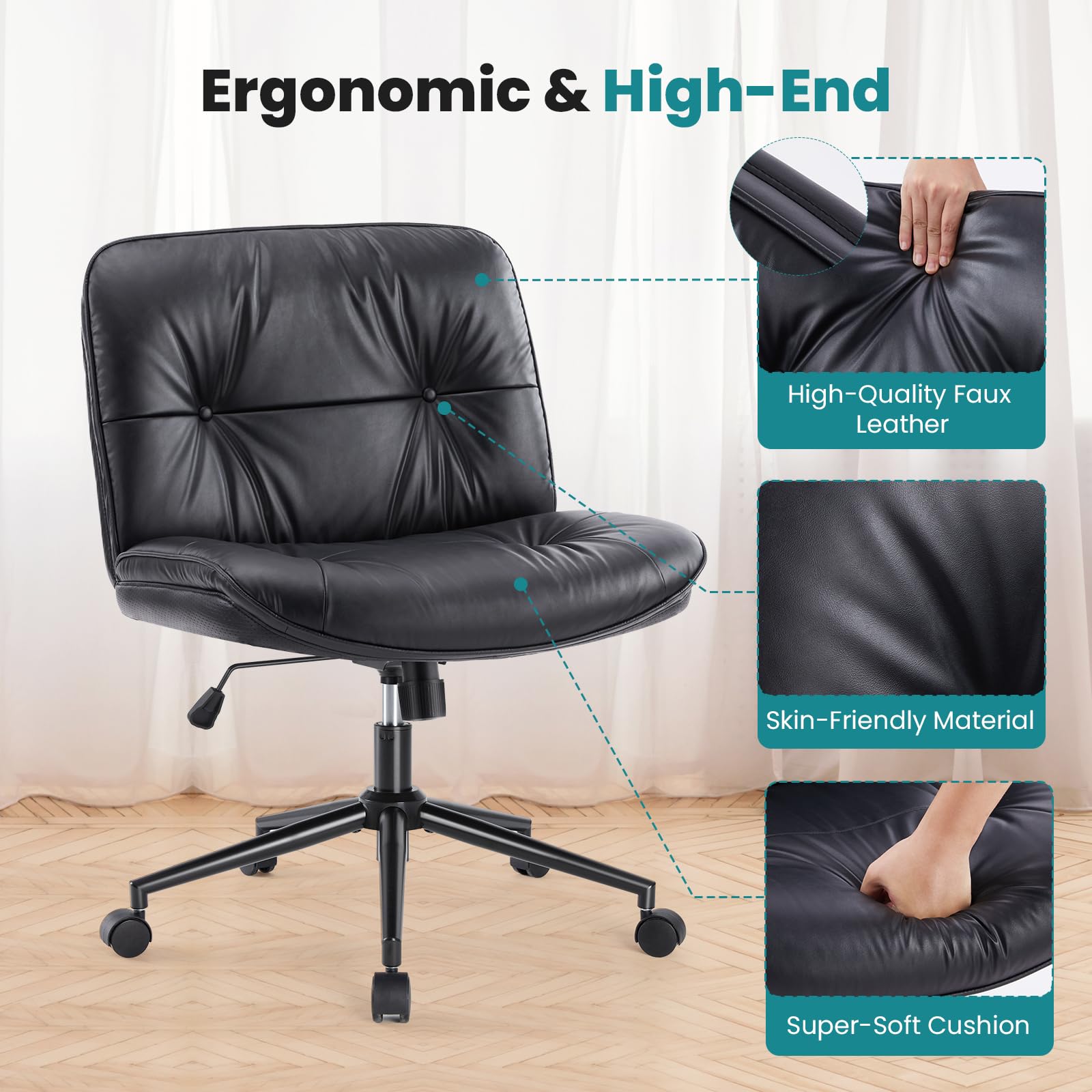OLIXIS Ergonomic Swivel Office Chair with Wheels - Adjustable PU Leather Armless Desk Chair for Home Office, Rolling Vanity Seat - Perfect for Work, Study, and Makeup Stations