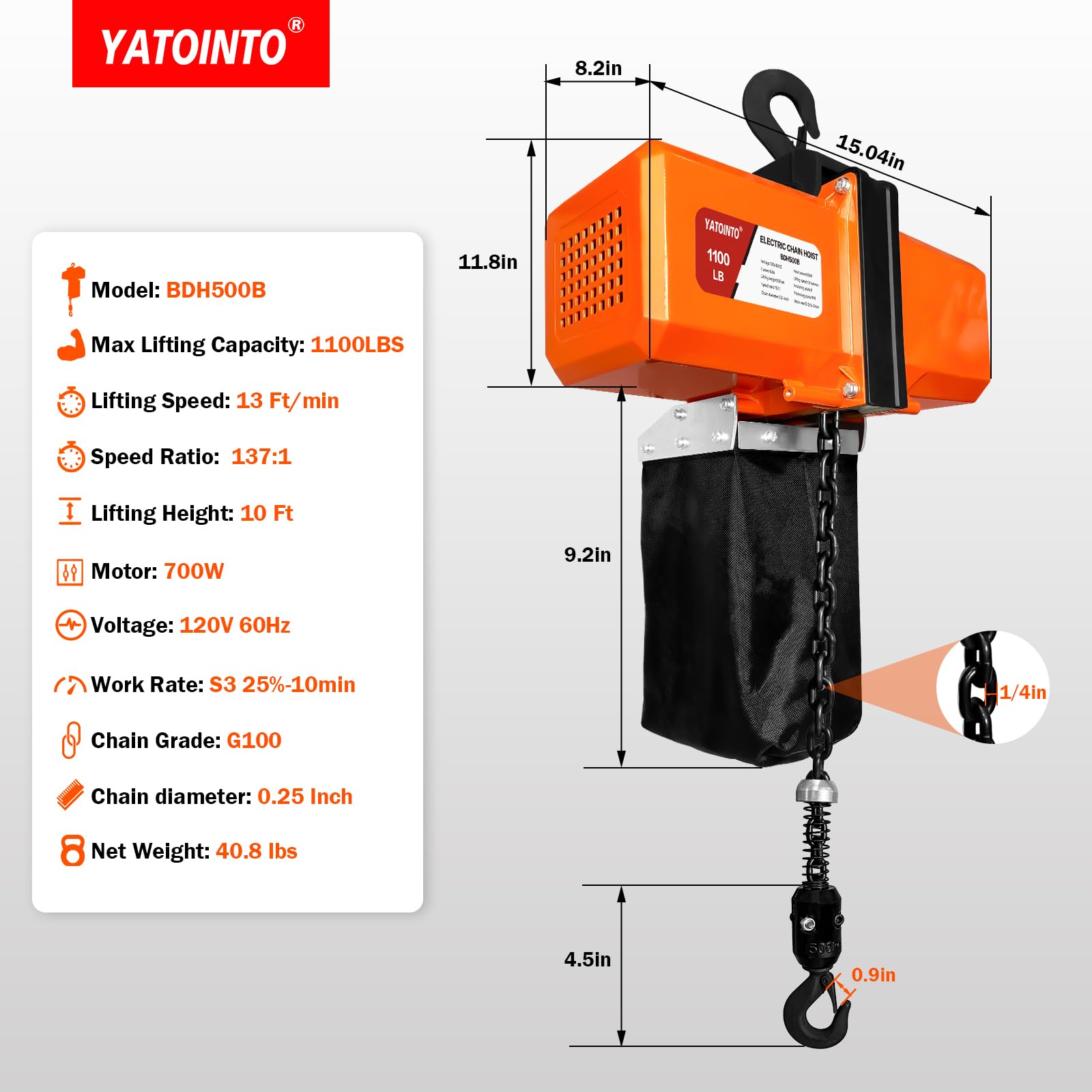 1100LBS Electric Chain Hoist - 120V Heavy Duty Winch with 5ft Wired Remote Control & Emergency Stop - Single Phase Overhead Crane for Garage, Workshop & Ceiling Mount - 10ft Lift Height - Perfect for Lifting Machinery, Auto Repair & Construction Projects