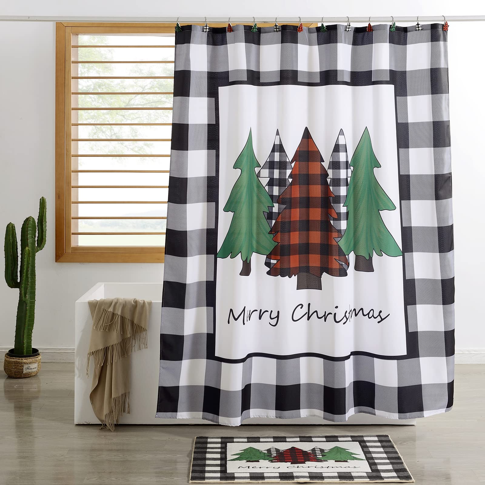 Estmy Buffalo Plaid Christmas Tree Shower Curtain Hooks - Set of 12 Rustproof Resin Hooks for Farmhouse Bathroom Decor, Xmas Theme Holiday Home Accessories - Perfect for Christmas Bathroom, Kitchen, and Farmhouse Decorations