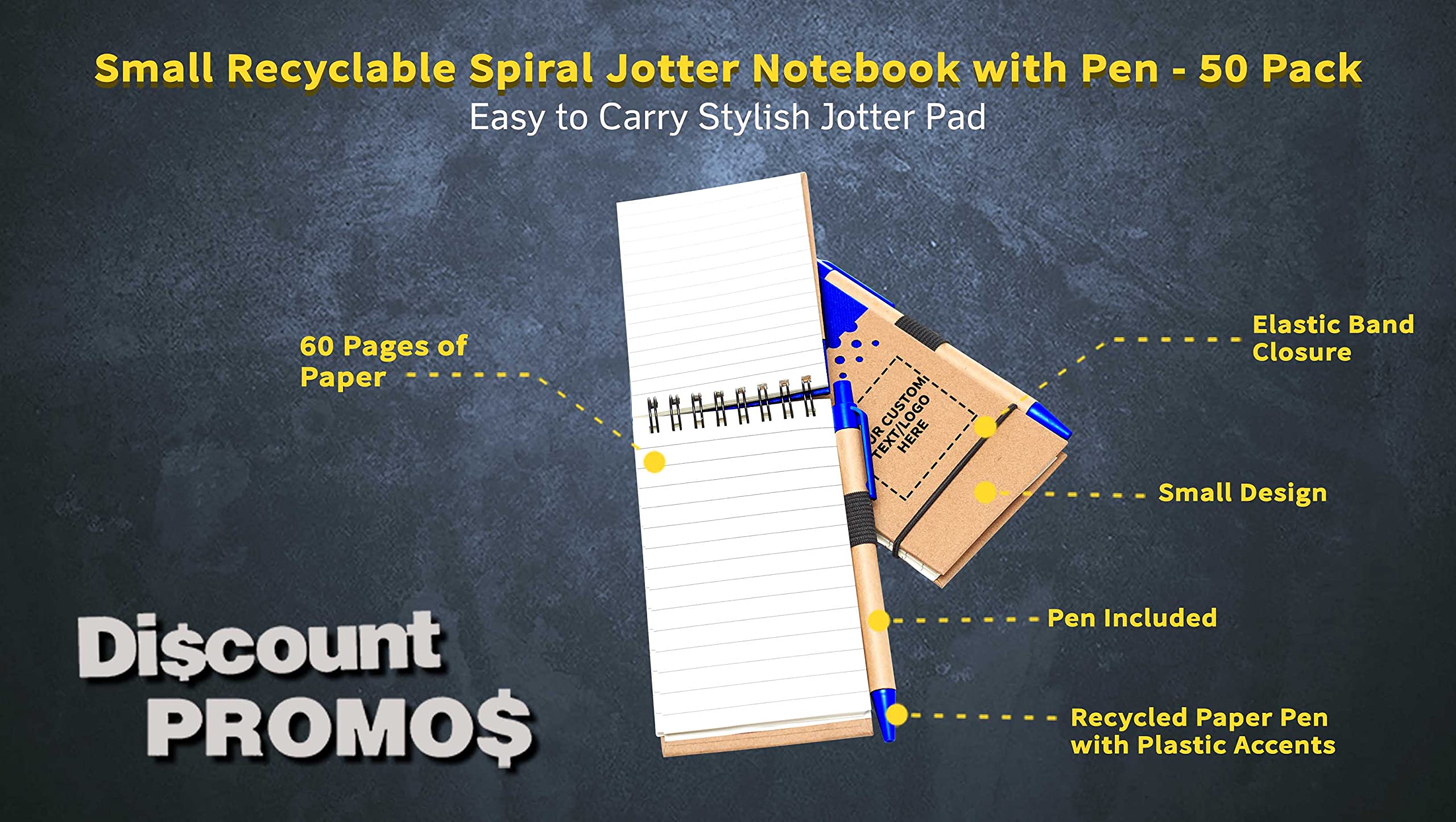 50-Pack Recyclable Spiral Small Notebooks - Customizable Text & Logo - 60 Lined Pages - Blue - Perfect for Office, School & Gifts