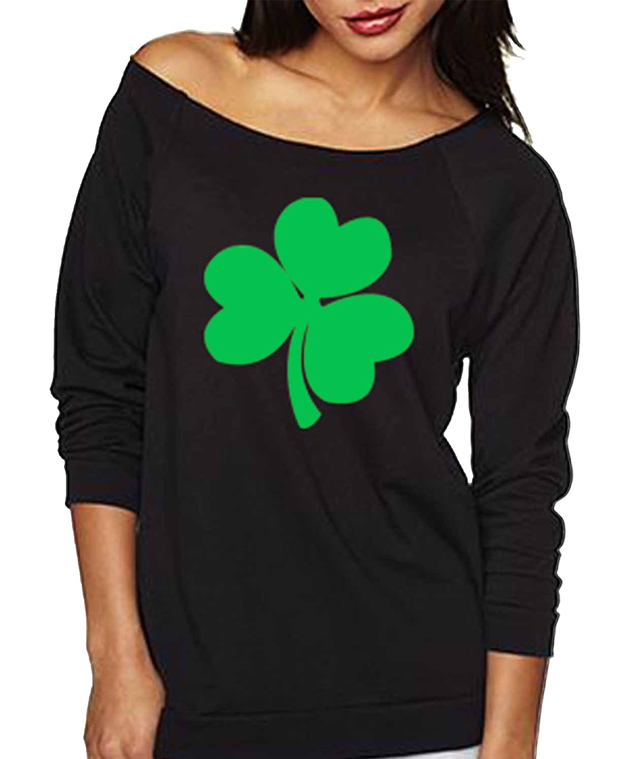 NoBull Women's Shamrock Print Long Sleeve Off-Shoulder Shirt - Gym Workout, St Patrick's Day Party & Casual Wear