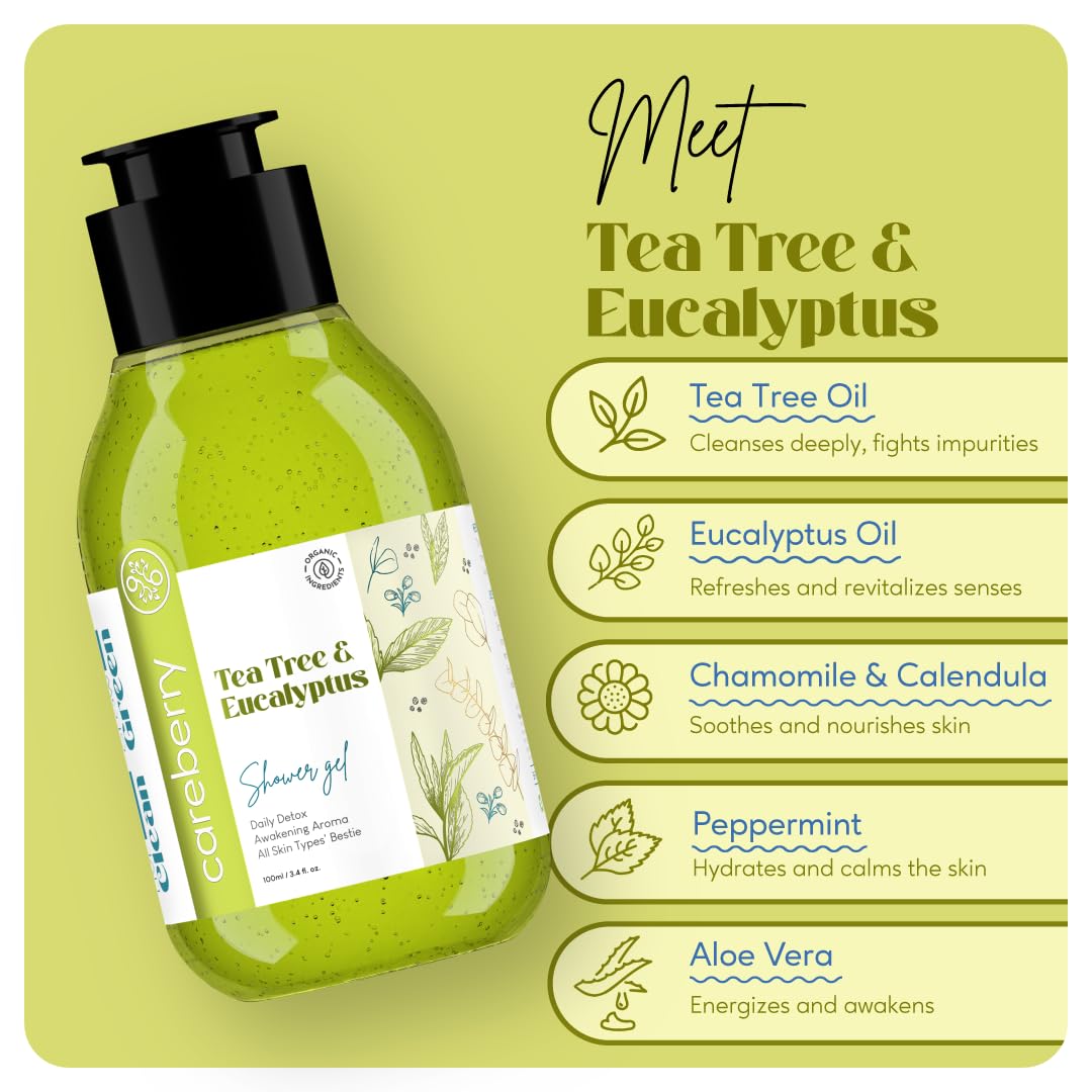 Careberry Organic Tea Tree & Eucalyptus Oil Shower Gel - Ayurvedic Ayush Certified, Paraben & Sulfate Free, 100ml | Daily Detox & Refreshing Shower Experience for Healthy Skin