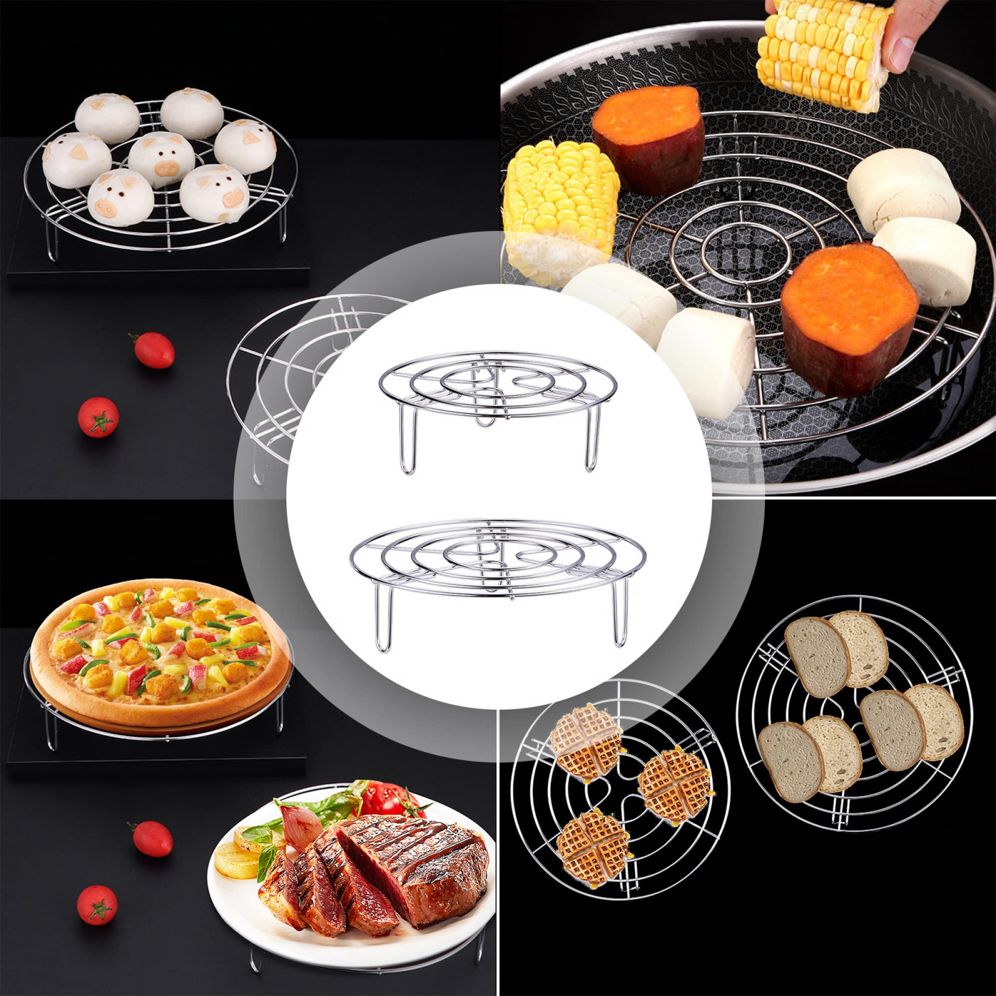 2-Pack Stainless Steel Round Cooling & Cooking Racks - 23.5cm & 27.5cm Diameter - Perfect for Air Fryer, Pressure Cooker, Oven & Steaming - Durable Baking & Roasting Rack for Even Cooking & Cooling - Ideal for Cookies, Meats, Vegetables & Pastries
