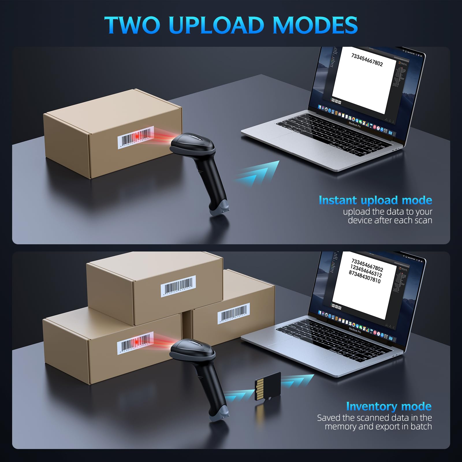 TEEMI Wireless Bluetooth Barcode Scanner - QR & Barcode Reader with USB Cradle, Replaceable Battery, Hands-Free Auto Scanning & Advanced Data Parsing for Retail, Warehouse, and Inventory Management