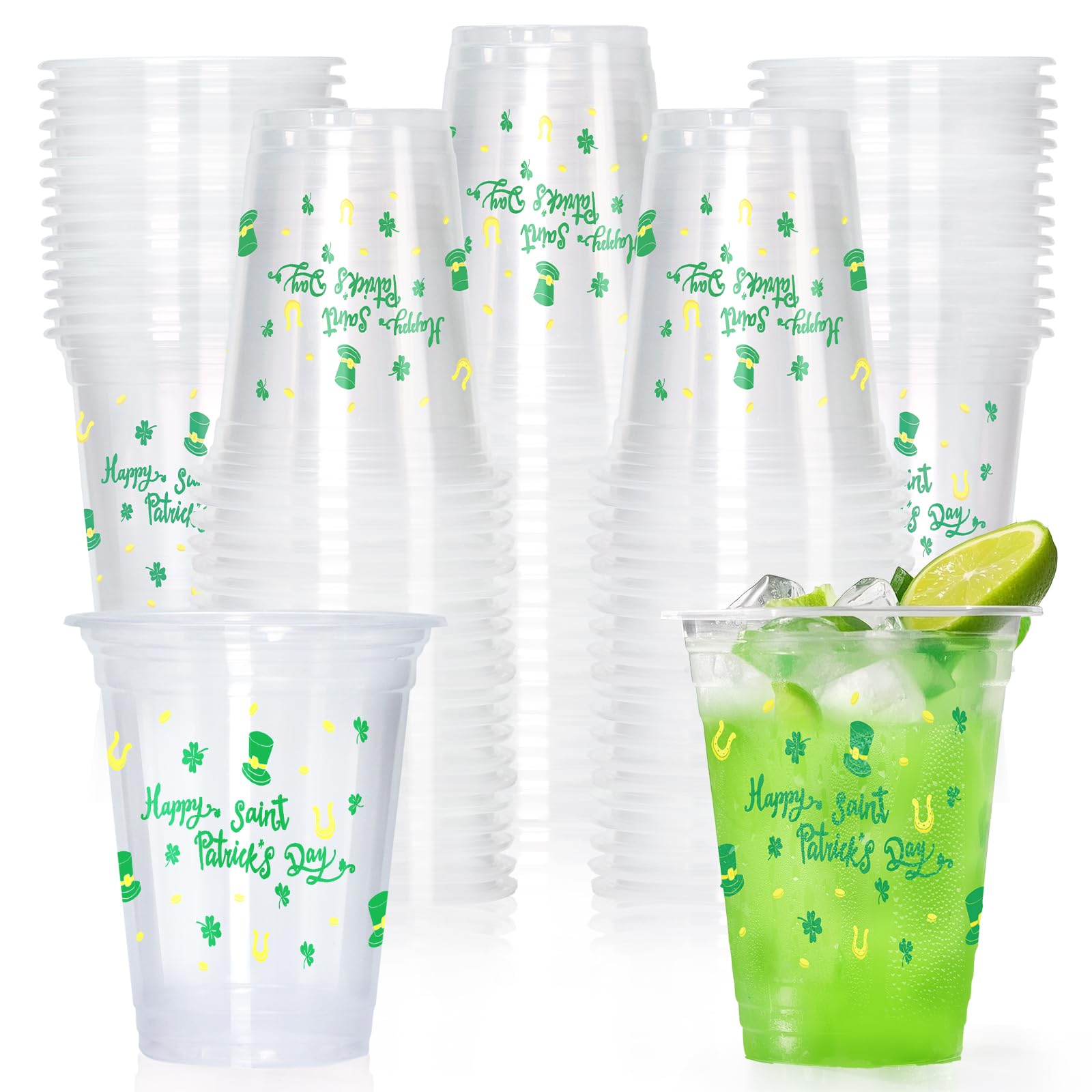 50 Pcs 12 oz St. Patrick's Day Plastic Cups - Irish Themed Disposable Green Shamrock Clear Beverage Cups for St. Patrick's Day Party Supplies & Decorations | Perfect for Irish Themed Parties, Parades, and Pub Events