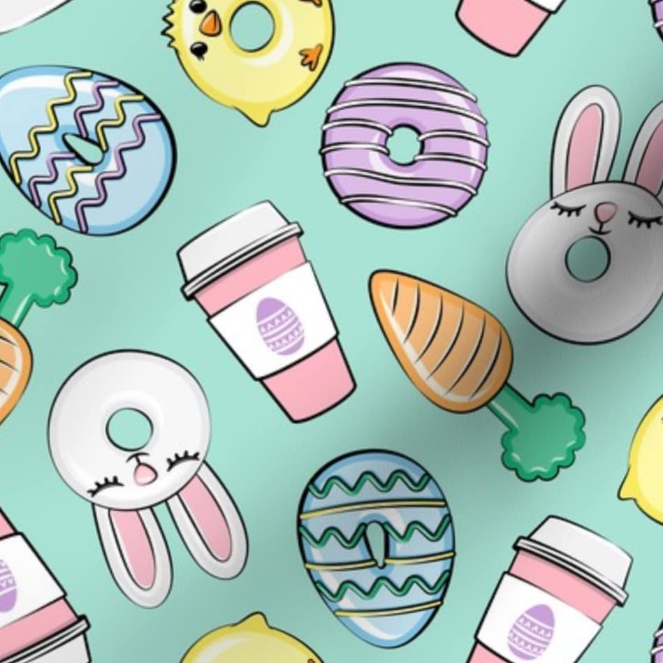 Easter Donuts Coffee Aqua Spring Bunny Rabbit Chick Carrot Printed Velvet Upholstery Fabric - Fat Quarter for Home Decor, Apparel & DIY Projects | Perfect for Easter Crafts, Throw Pillows & Table Runners