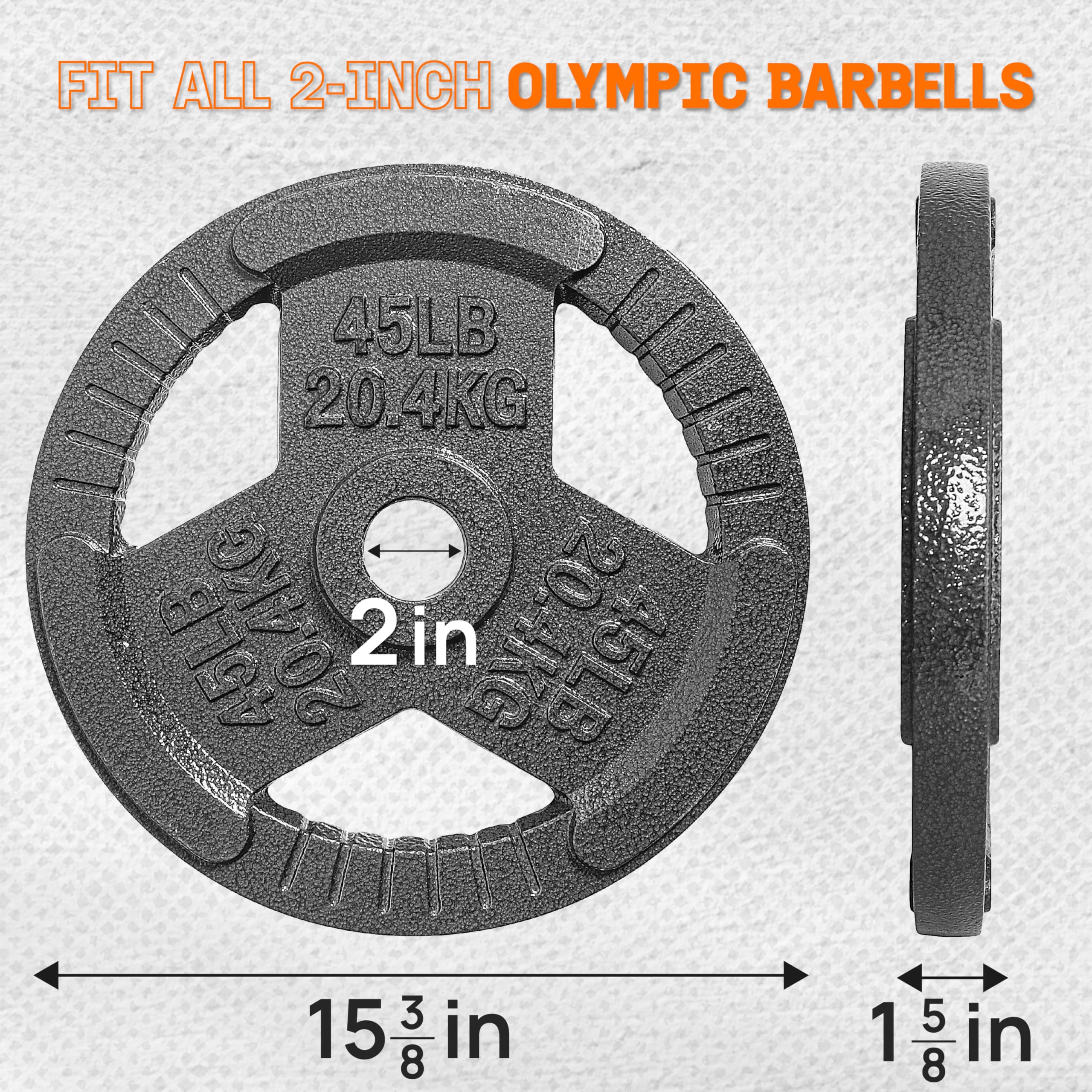 Yes4All Tri-Grip Olympic Weight Plates - 2-Inch Cast Iron Weight Plates for Strength Training & Weight Lifting - Durable Smooth Finish (Single, Pair, Set) - Perfect for Home Gym, CrossFit & Powerlifting Workouts