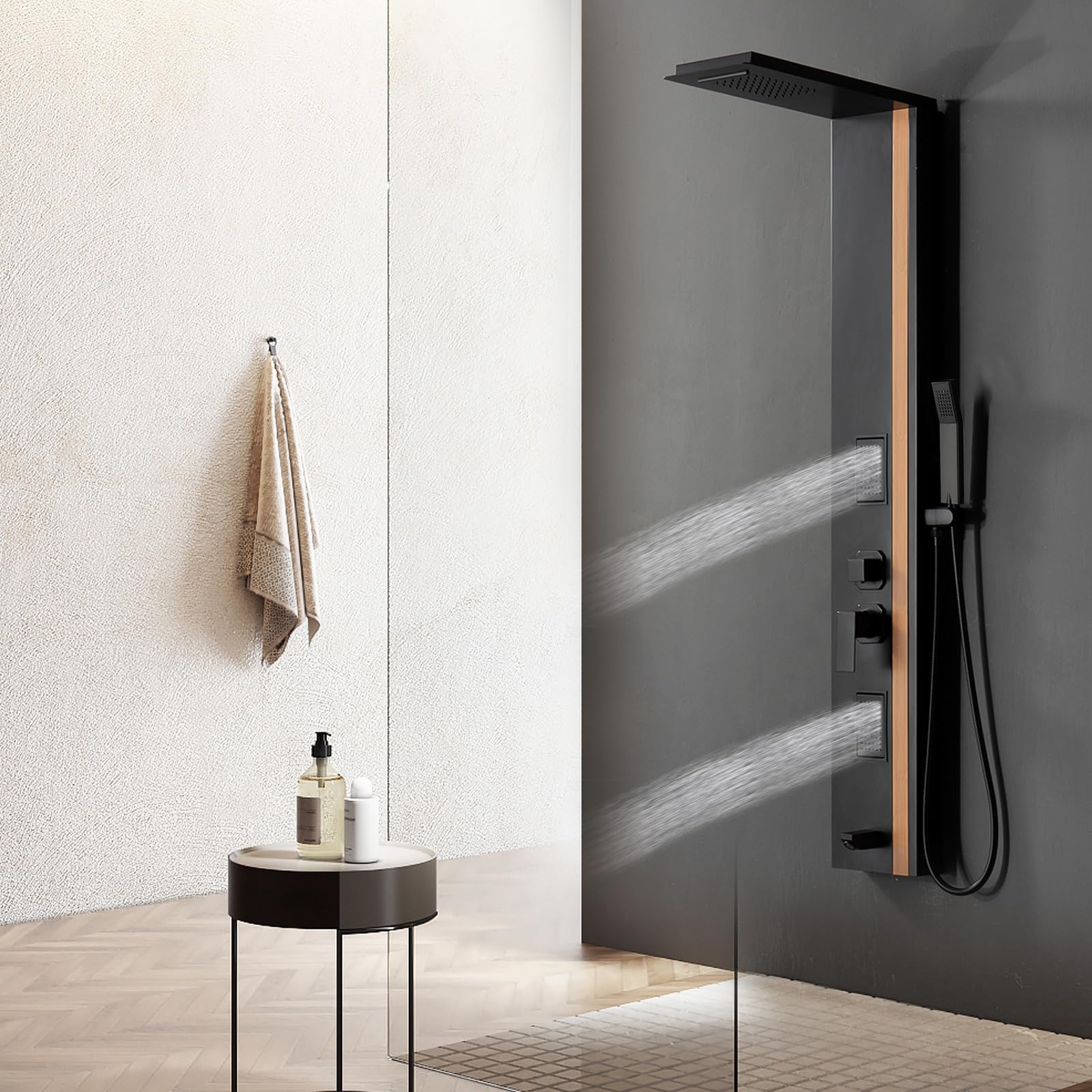 BWE Stainless Steel Shower Tower Panel System - Multi-Function Rainfall Shower Head with Waterfall, Massage Jets & Tub Spout for Luxury Bathroom Upgrade (Black) | Perfect for Spa-Like Experience in Master Bath & Modern Home Renovations