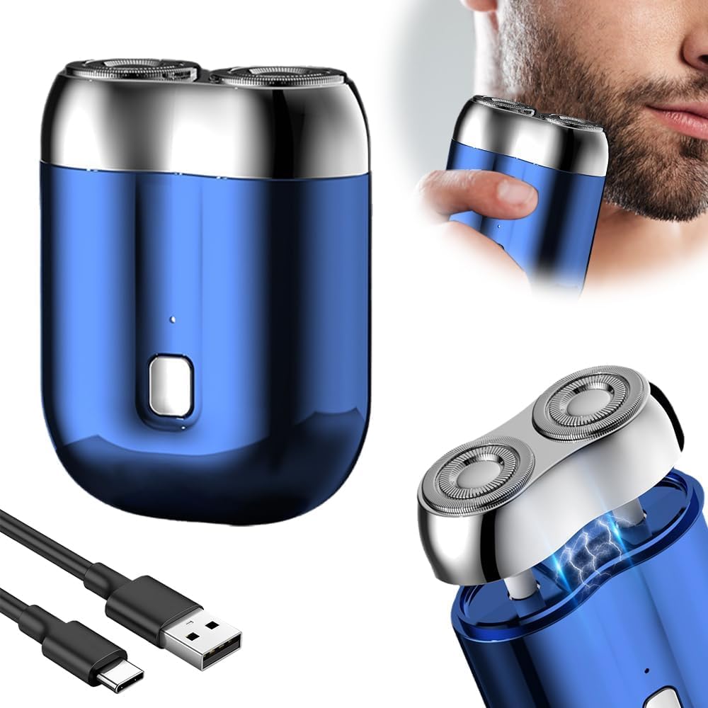 Jacooba Electric Razor for Men - Mini Dual Head USB Rechargeable Waterproof Shaver - Portable Travel & Gym Grooming Kit - Blue (Ideal for Home, Office & On-the-Go Use)
