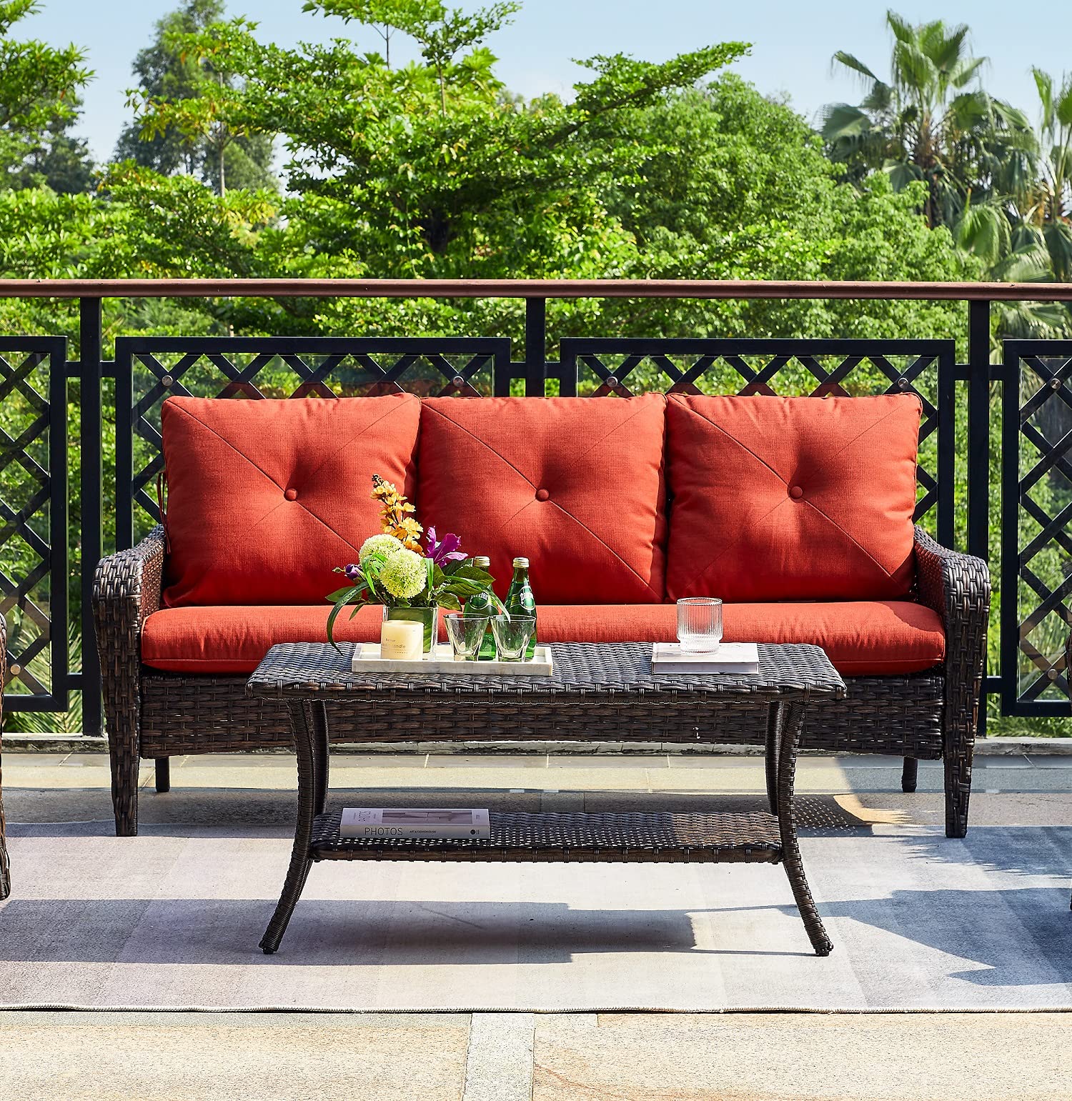 Brown Rattan Coffee Table with 2-Tier Storage Shelf & PP Board - Outdoor Patio Furniture for Garden, Balcony, and Poolside Conversations