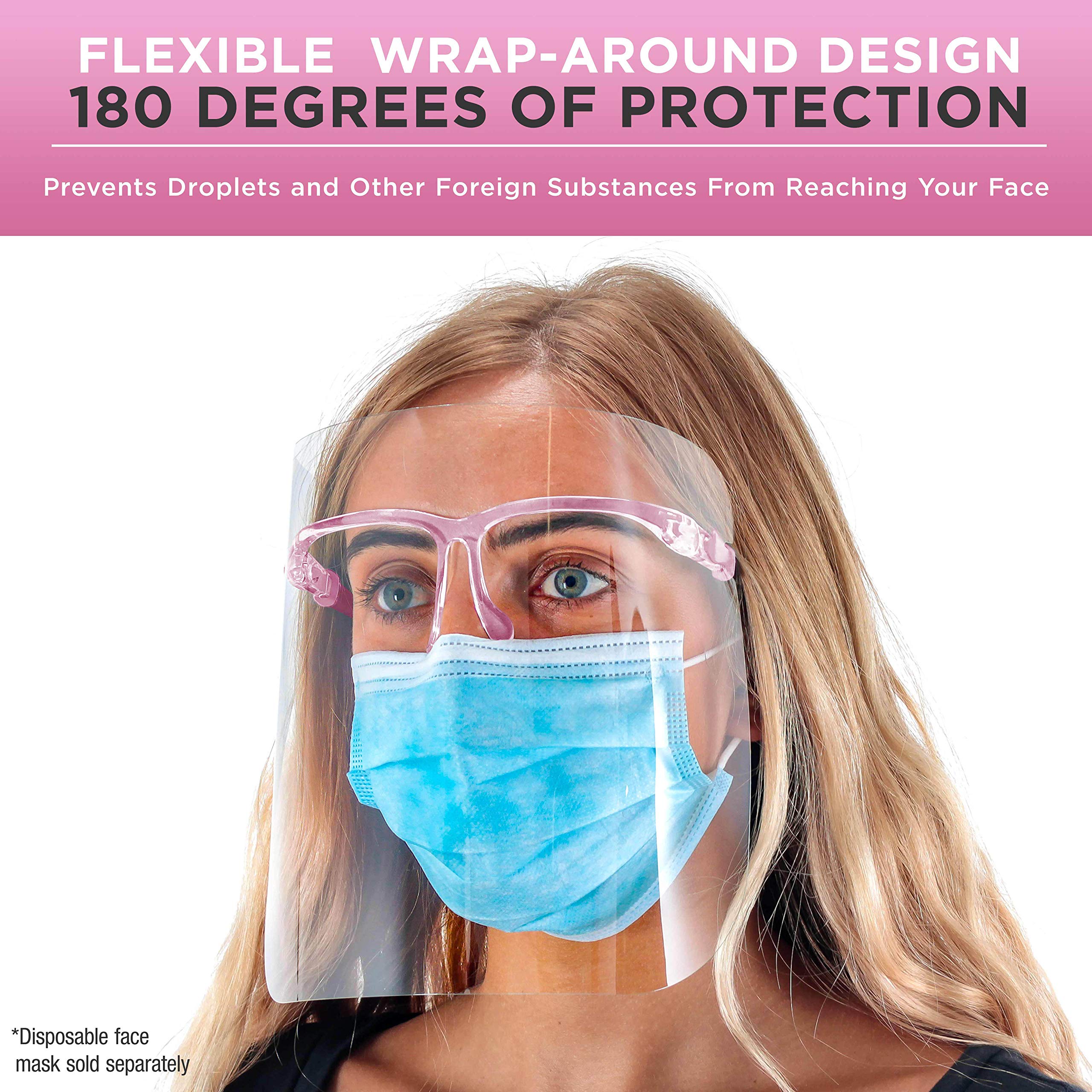 TCP Global Salon World Safety Face Shields with Pink Glasses Frames (Case of 200) - Ultra Clear Protective Full Face Shields for Eye, Nose & Mouth Protection - Anti-Fog PET Plastic Goggles - Ideal for Salons, Healthcare & Food Service Workers