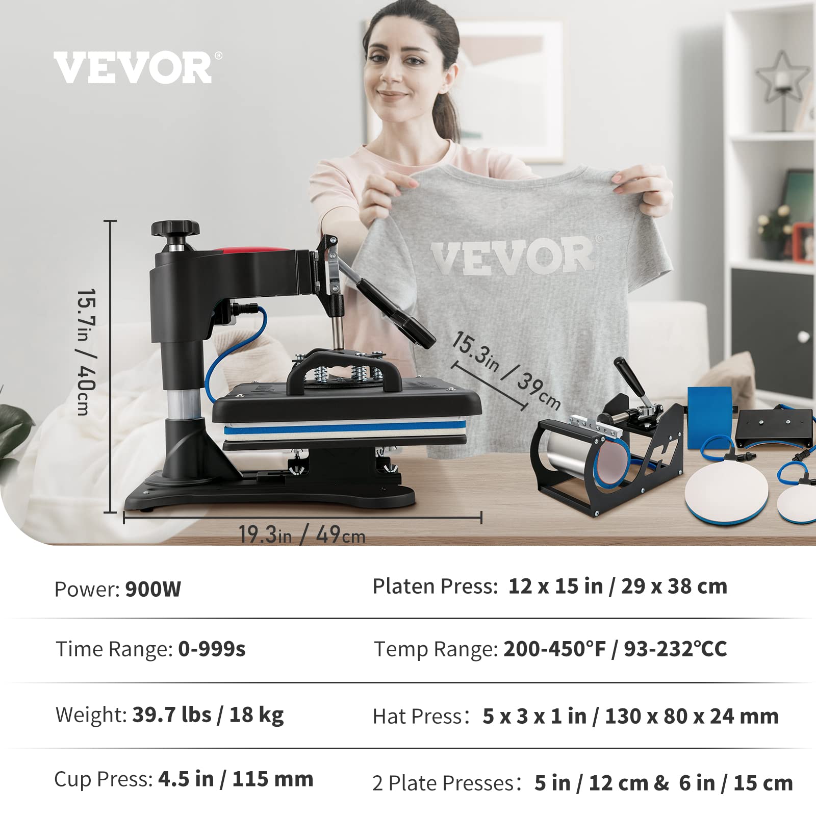 VEVOR 15x15 Inch Heat Press Machine - 5 in 1 Digital Multifunctional Sublimation T-Shirt Press for T-Shirts, Hats, Mugs, Caps & Plates | Perfect for DIY Crafts, Custom Apparel & Small Business Printing