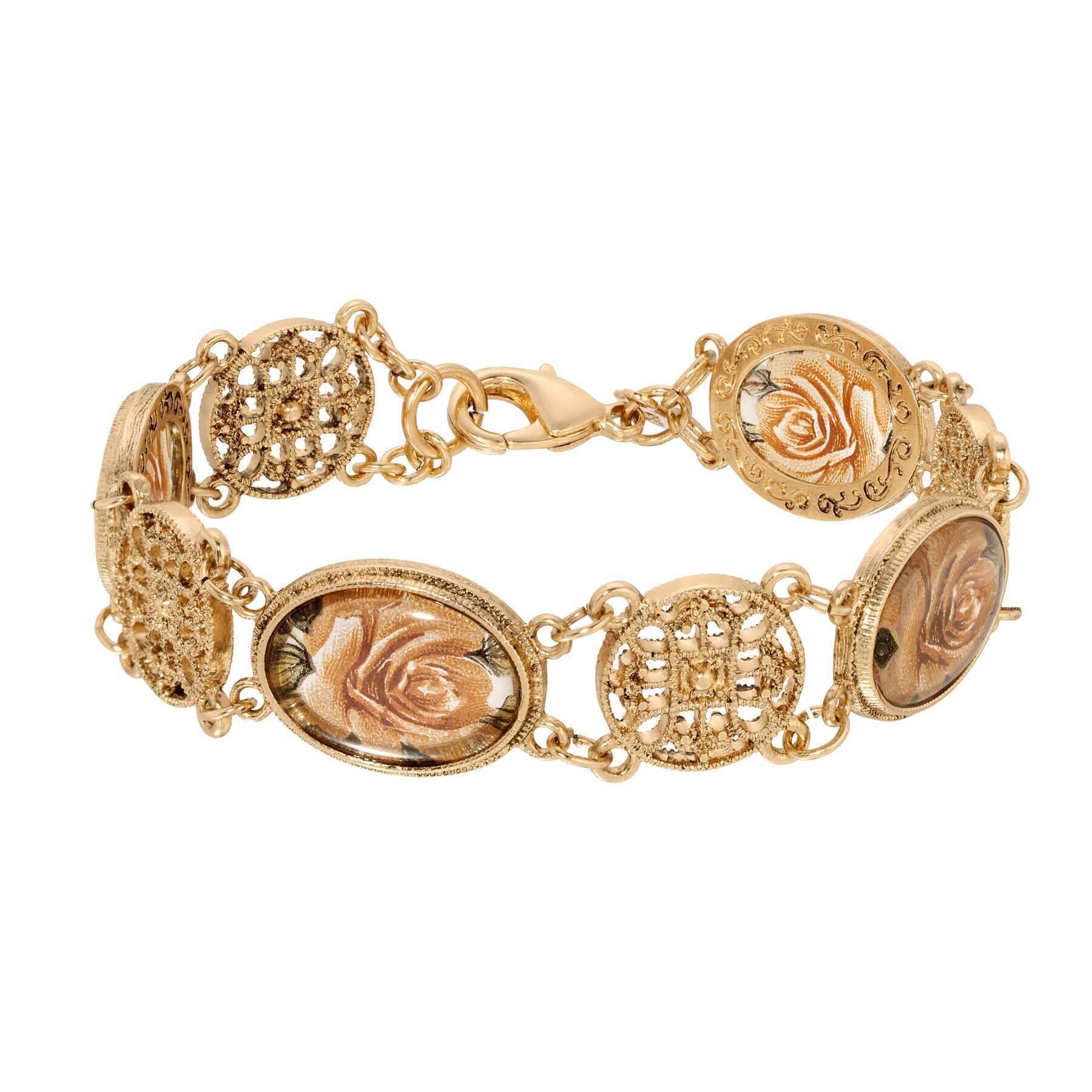 1928 Jewelry Meso Round Intricate Filigree & Pink Rose Glass Stone Link Bracelet for Women - Vintage Style Rose Gold Tone Chain Bracelet - Perfect for Weddings, Parties & Special Occasions