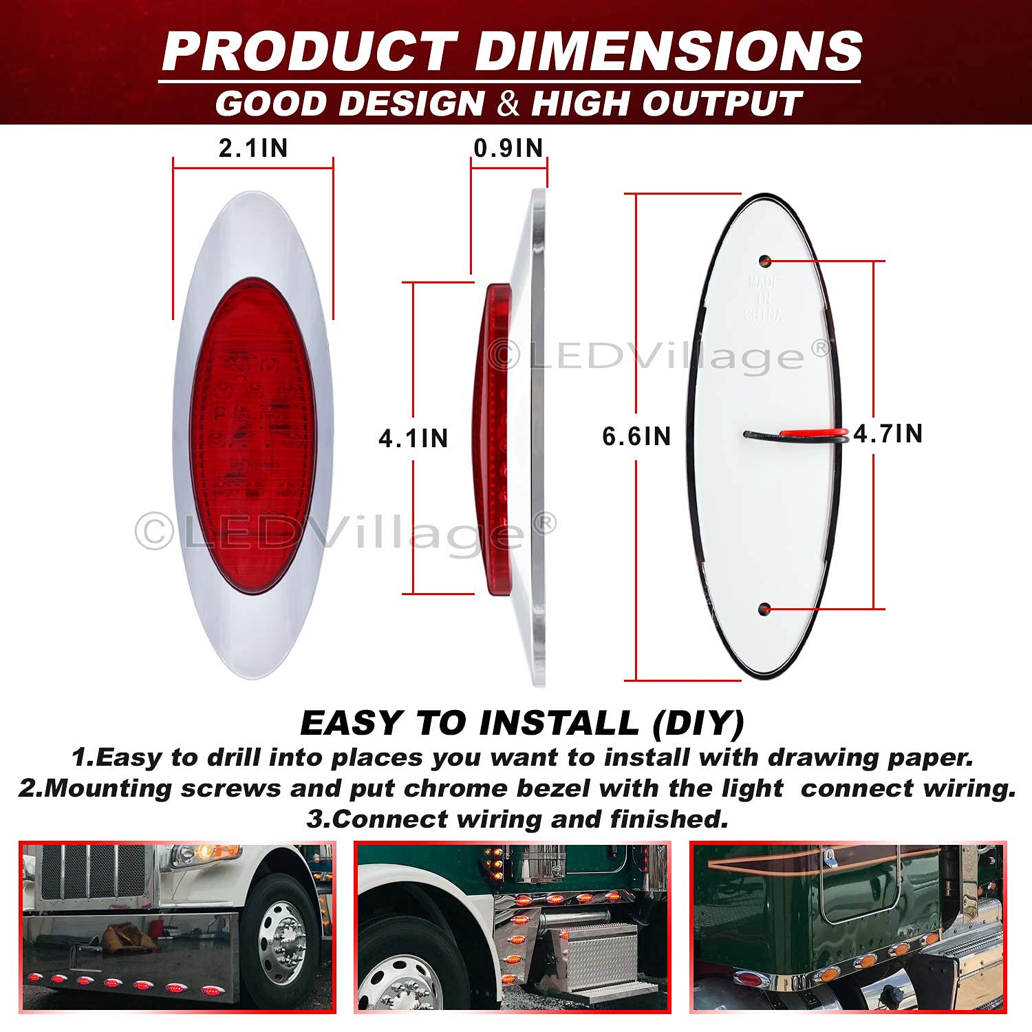4 Pack 6.5 Inch Red LED Oval Side Marker Lights - 12V DC Waterproof with Chrome Bezel for Trucks, Trailers, Buses & Pickups - Durable Sealed Design for Roof, Cab & Panel Mounting - Perfect for Night Driving & Vehicle Safety Lighting