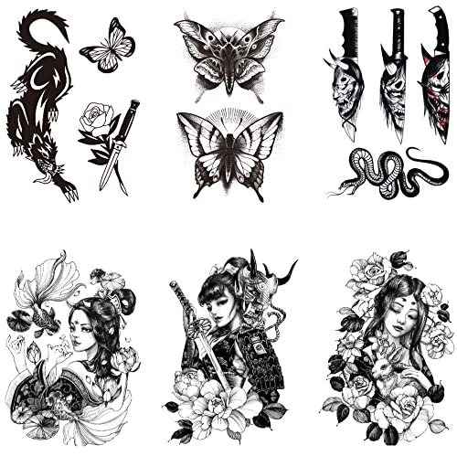 6 Sheets 3D Temporary Tattoos - Realistic Fake Tattoo Stickers for Adults & Kids - Waterproof Flower, Skull & Butterfly Designs (14.8x21cm) - Perfect for Arms, Legs & Shoulders - Great for Parties, Halloween & Body Art