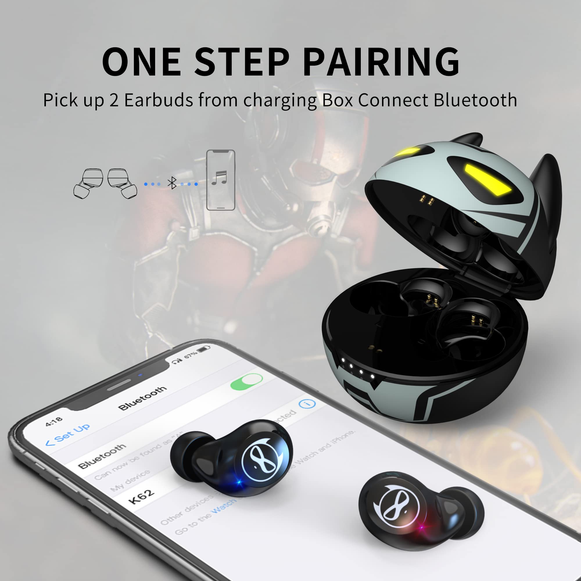Small Wireless Earbuds with Touch Control & Stereo Sound - Bluetooth 5.3 Noise Cancelling Earphones with Cute Blinking Eyes Iron Man Charging Case | Perfect for Running, Gym & Commuting