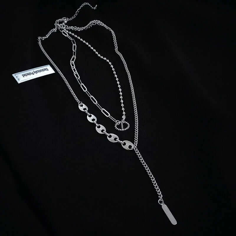 Asymmetric Silver Tassel Pig Nose Layered Chain Necklace for Women - Trendy Boho Statement Jewelry for Parties, Date Night & Special Occasions | X1123