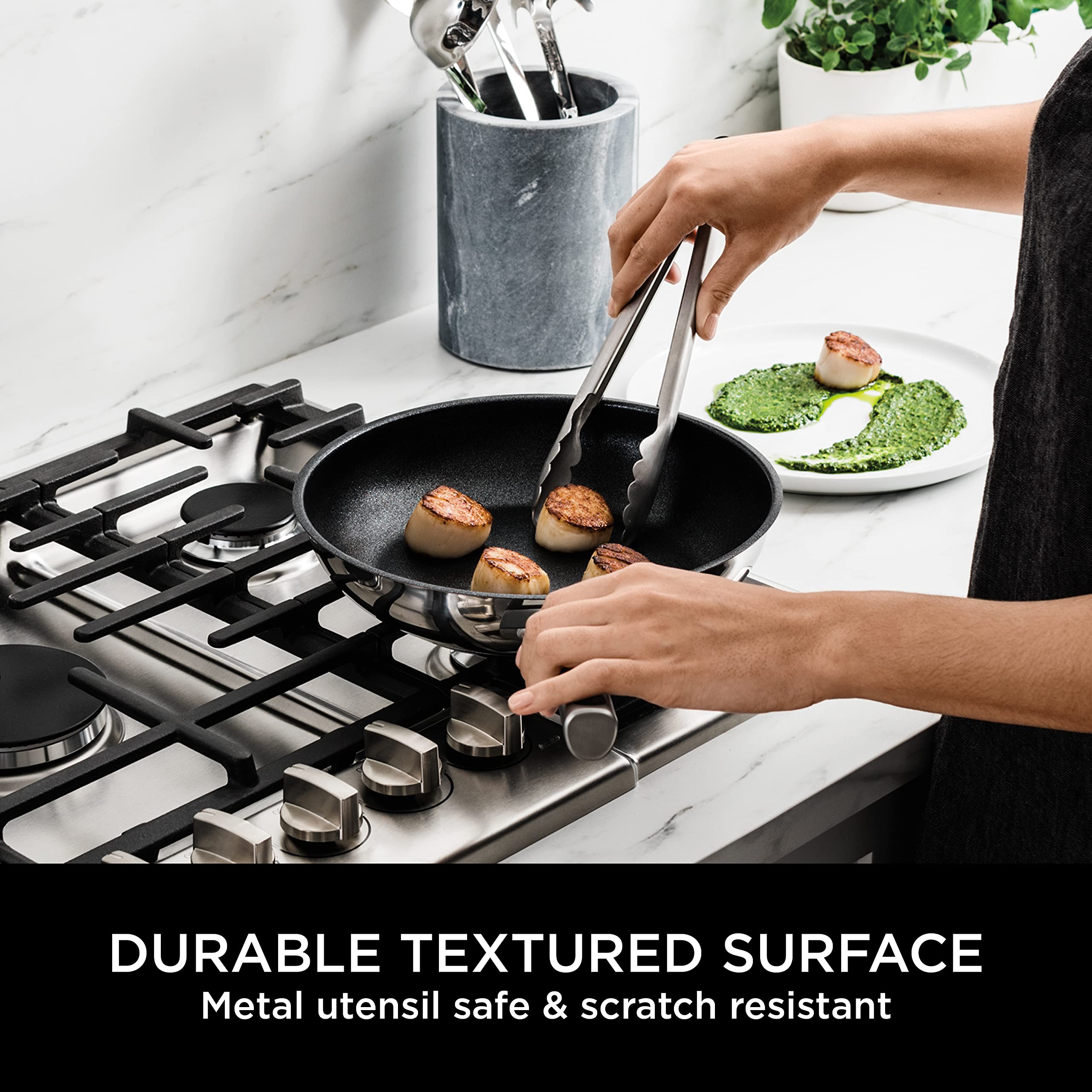Ninja ZEROSTICK 2-Piece Stainless Steel Frying Pan Set (24cm & 28cm) - Induction Compatible, Dishwasher Safe, Long-Lasting Nonstick Cookware for Home Kitchen - Perfect for Searing, Sauteing & Frying Eggs, Meat & Vegetables