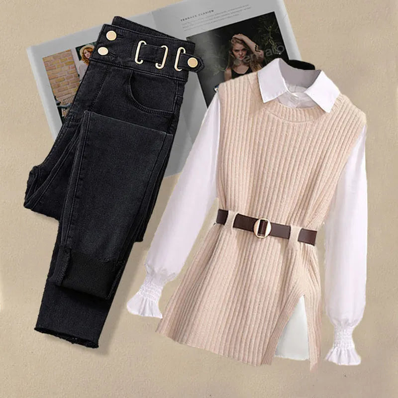 Korean Style Autumn Women's 3-Piece Outfit - Chiffon Shirt, Knitted Sweater & Jeans Set, Elegant Tracksuit for Casual Wear | Office, Dating & Fall Fashion