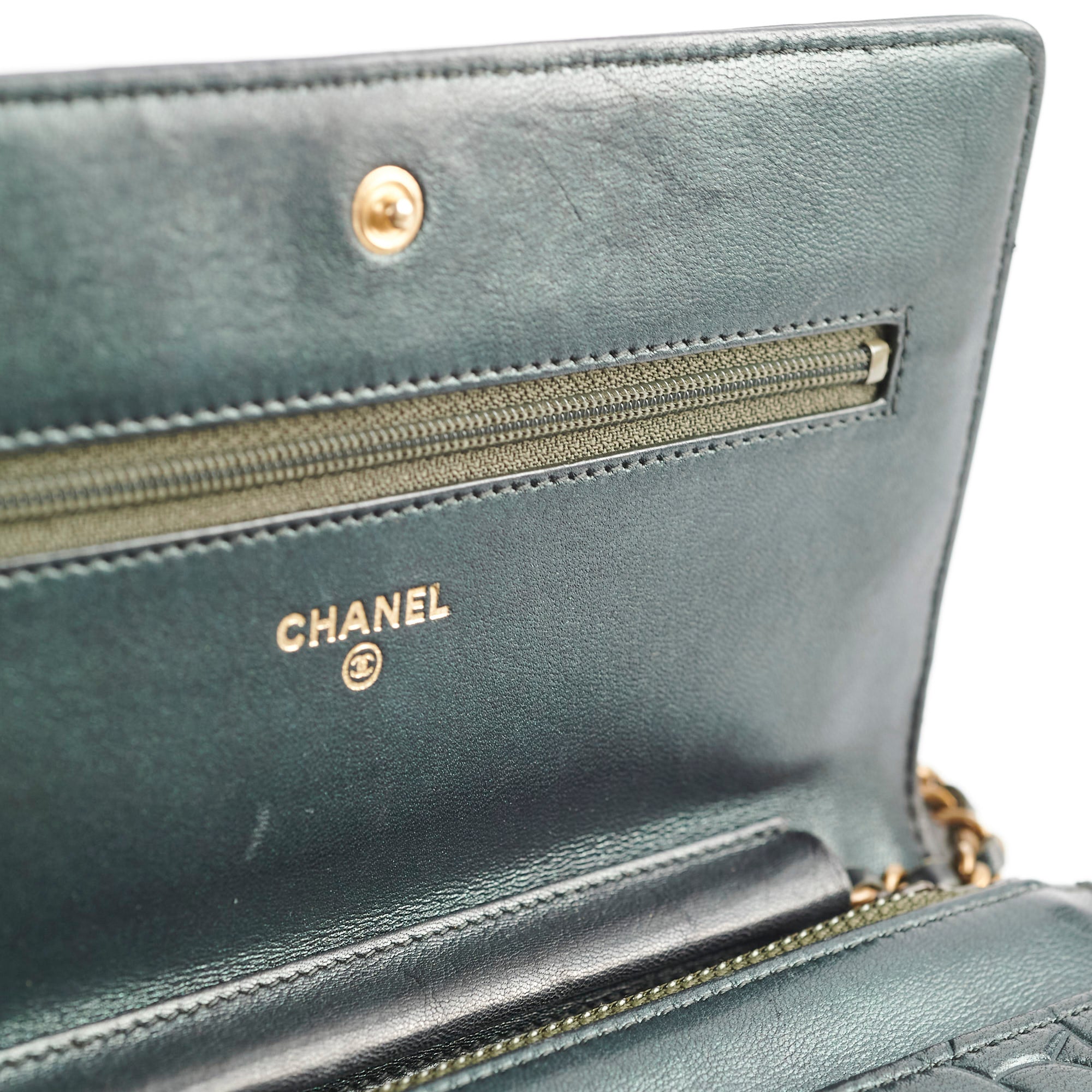 Chanel Camelia Embossed Wallet On Chain WOC Iridescent Green Crossbody Bag - Perfect for Evening Parties, Date Nights & Special Occasions