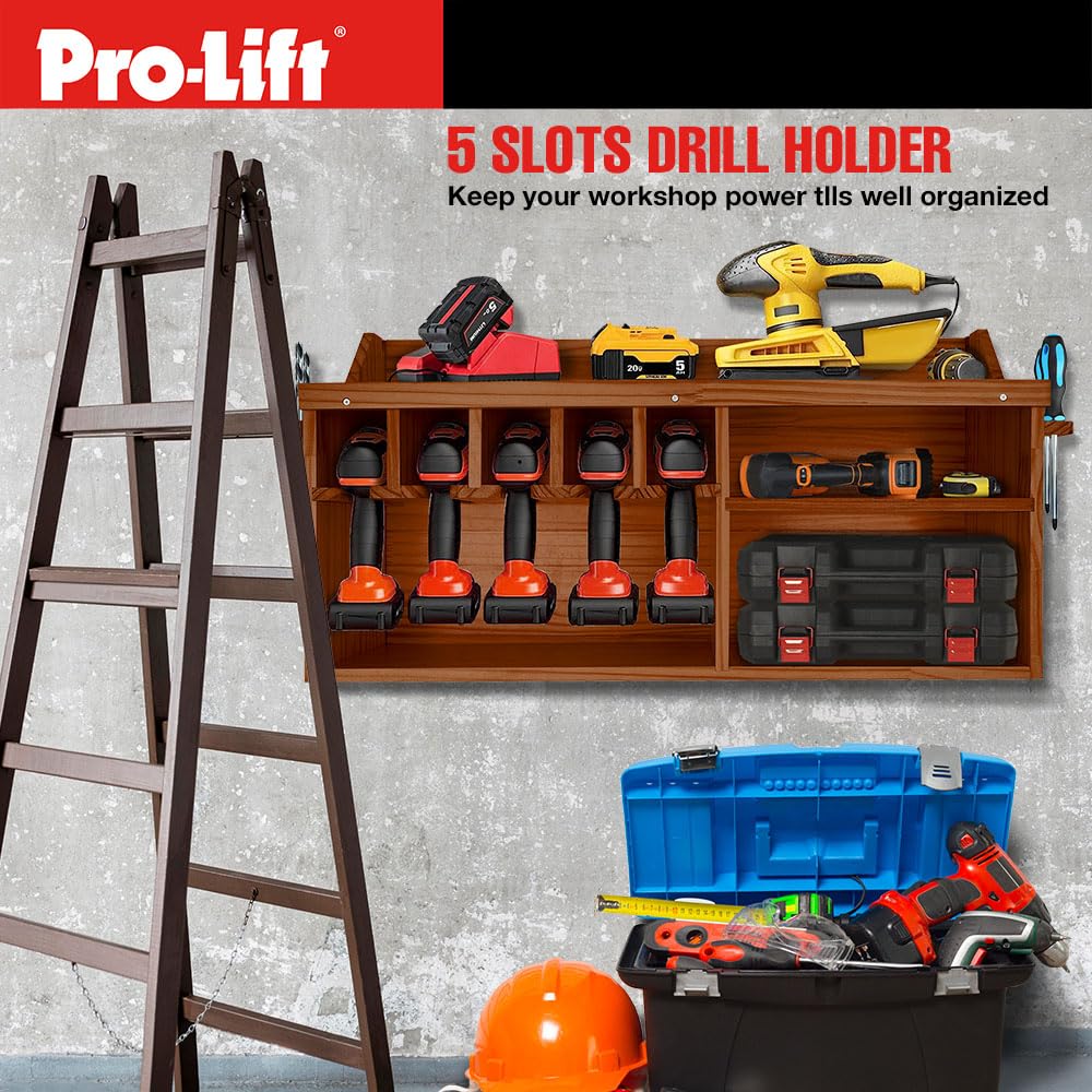 Pro-Lift Cordless Drill Organizer – Wall Mount Power Tool Storage Rack with 5 Hanging Slots, Wooden M-004W2 – Perfect for Garage, Workshop & DIY Tool Organization