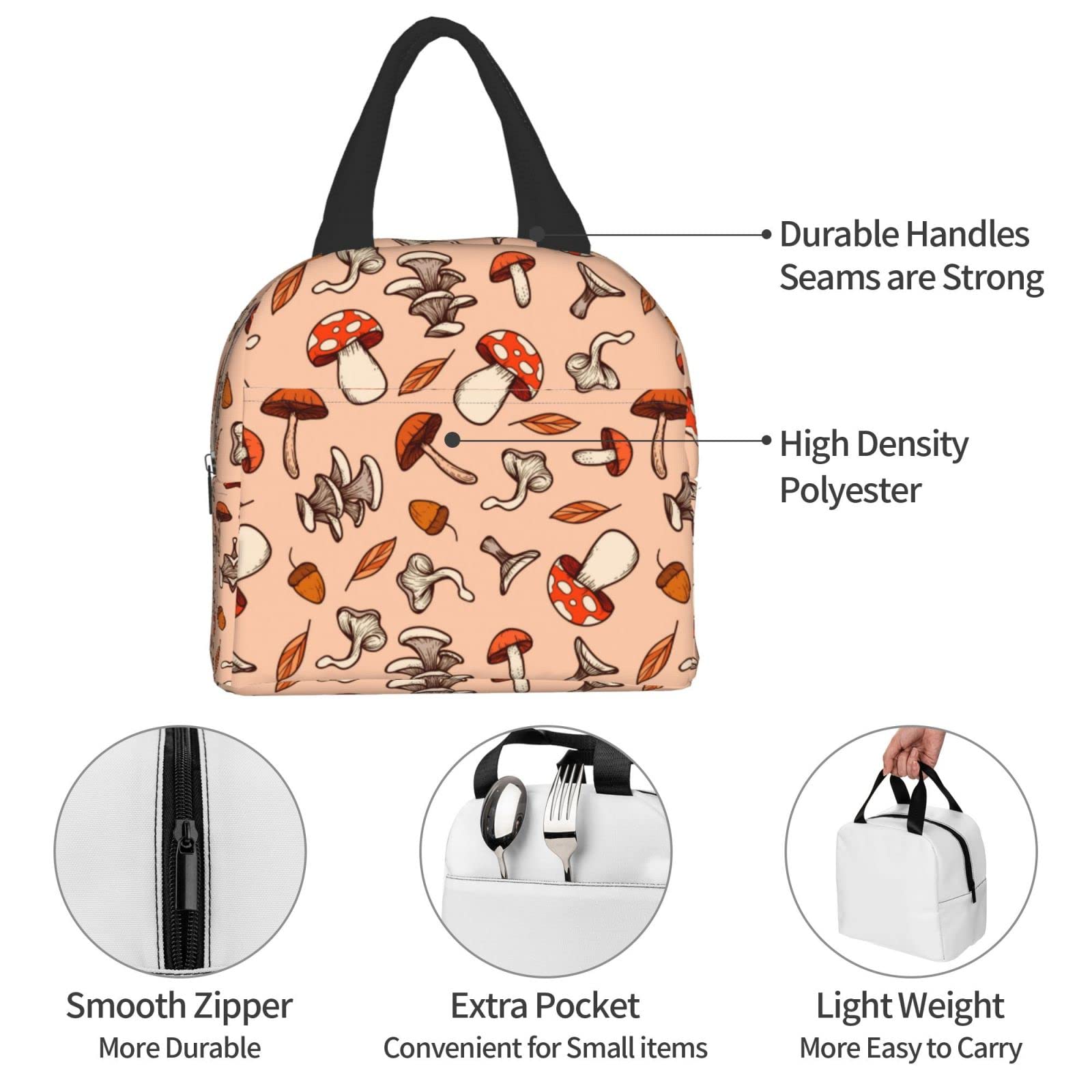 Insulated Lunch Bag with Mushroom Print - Reusable & Portable Lunch Box for Men & Women - Perfect for Work, Travel, Picnic & School Lunch Containers