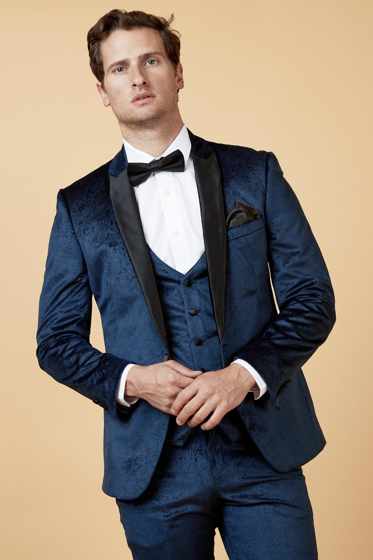 SIMON Velvet Navy Tuxedo Lapel Jacquard Blazer for Men - Formal Evening Wear, Wedding Suit, Prom & Special Occasions