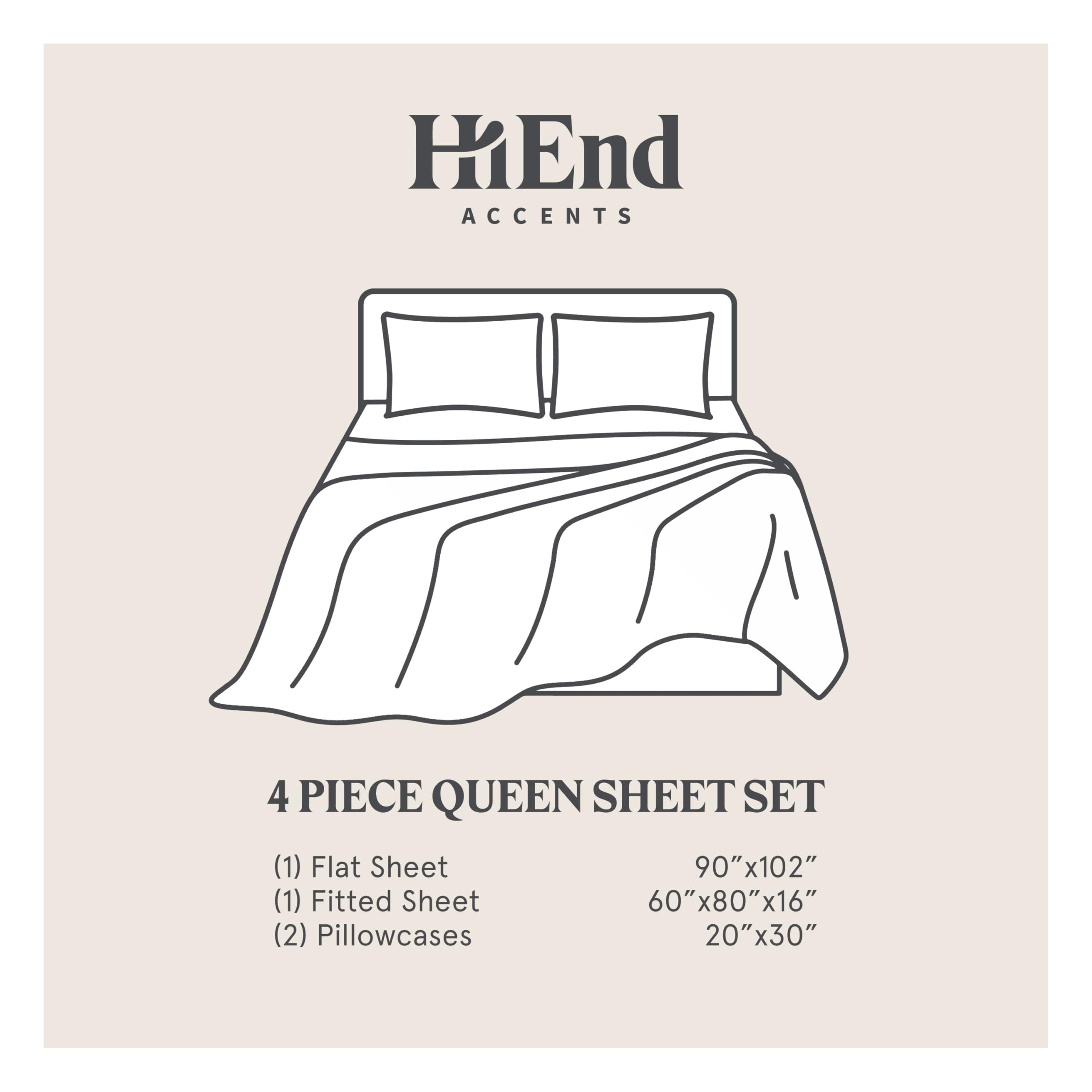 Premium 350 Thread Count 100% Cotton Queen Sheet Set - White & Gray Embroidered Scroll Design, 4-Piece Bedding (1 Flat Sheet, 1 Fitted Sheet, 2 Pillowcases) - Classic Modern Luxury for Master Bedroom, Guest Room & Airbnb Stays