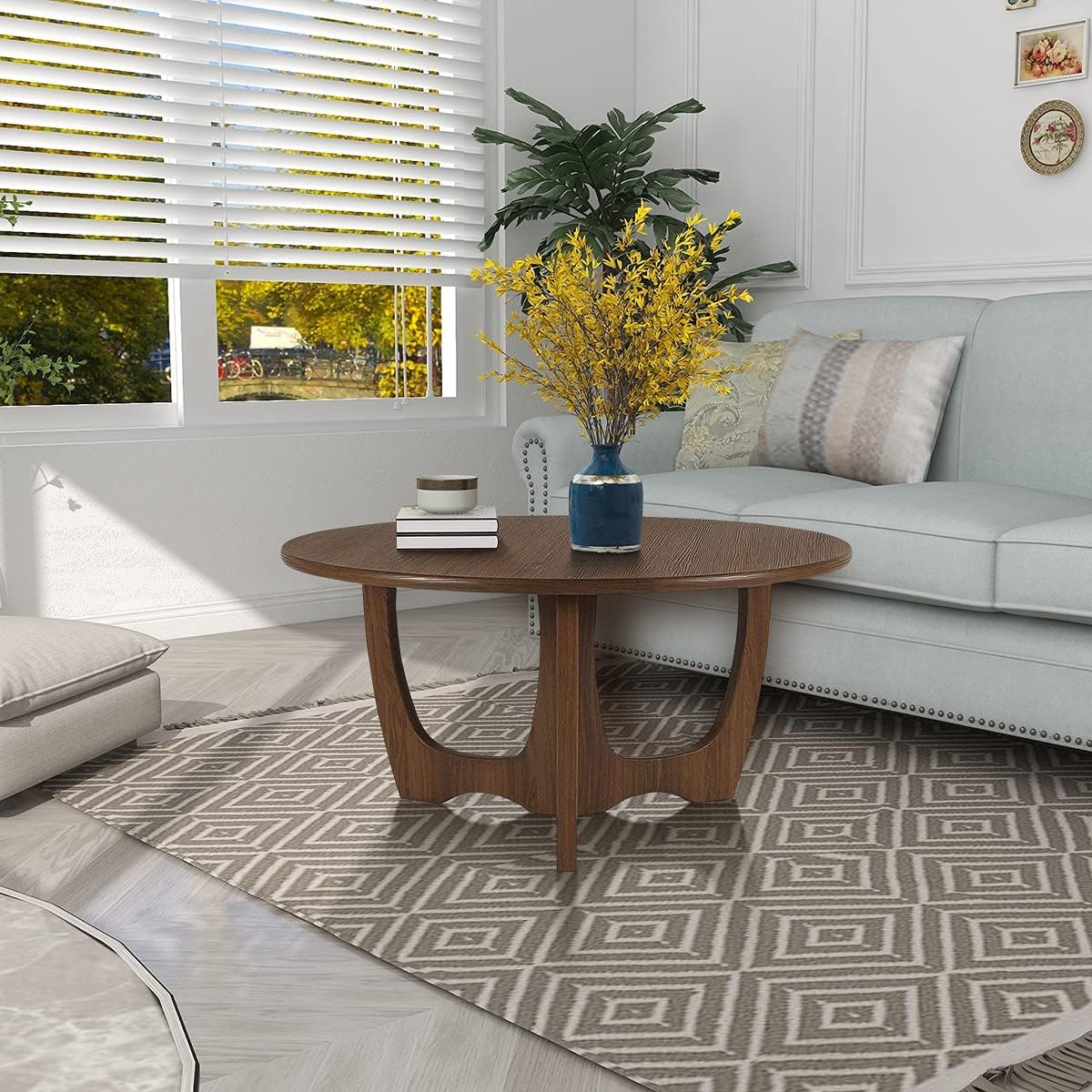 FINECASA Mid-Century Modern Wooden Round Coffee Table with Curved Legs - 36 x 18 Inches Chestnut Brown Accent Table for Living Room, Couch & Home Decor | Perfect for Lounge Areas, Reading Nooks & Small Space Living