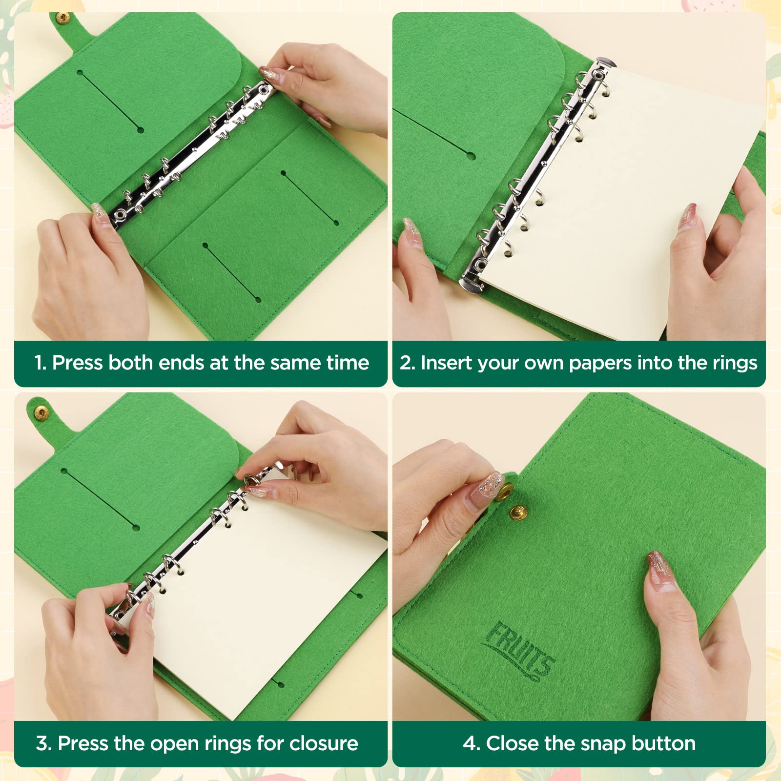 NEW Cute Strawberry A6 6-Ring Binder Notebook Cover with 80 Refill Papers - Soft Felt Refillable Planner Cover with Snap Button for Budget Diary, Journal & Organizer | Perfect for School, Office & Daily Planning
