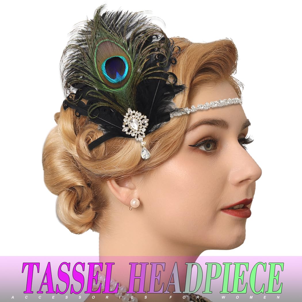 Peacock Feather Headband for Women - Elegant Black Sequin Rhinestone Hair Accessory for Parties, Weddings & Special Occasions (Pattern 2) | Perfect for Costumes, Prom, and Evening Events