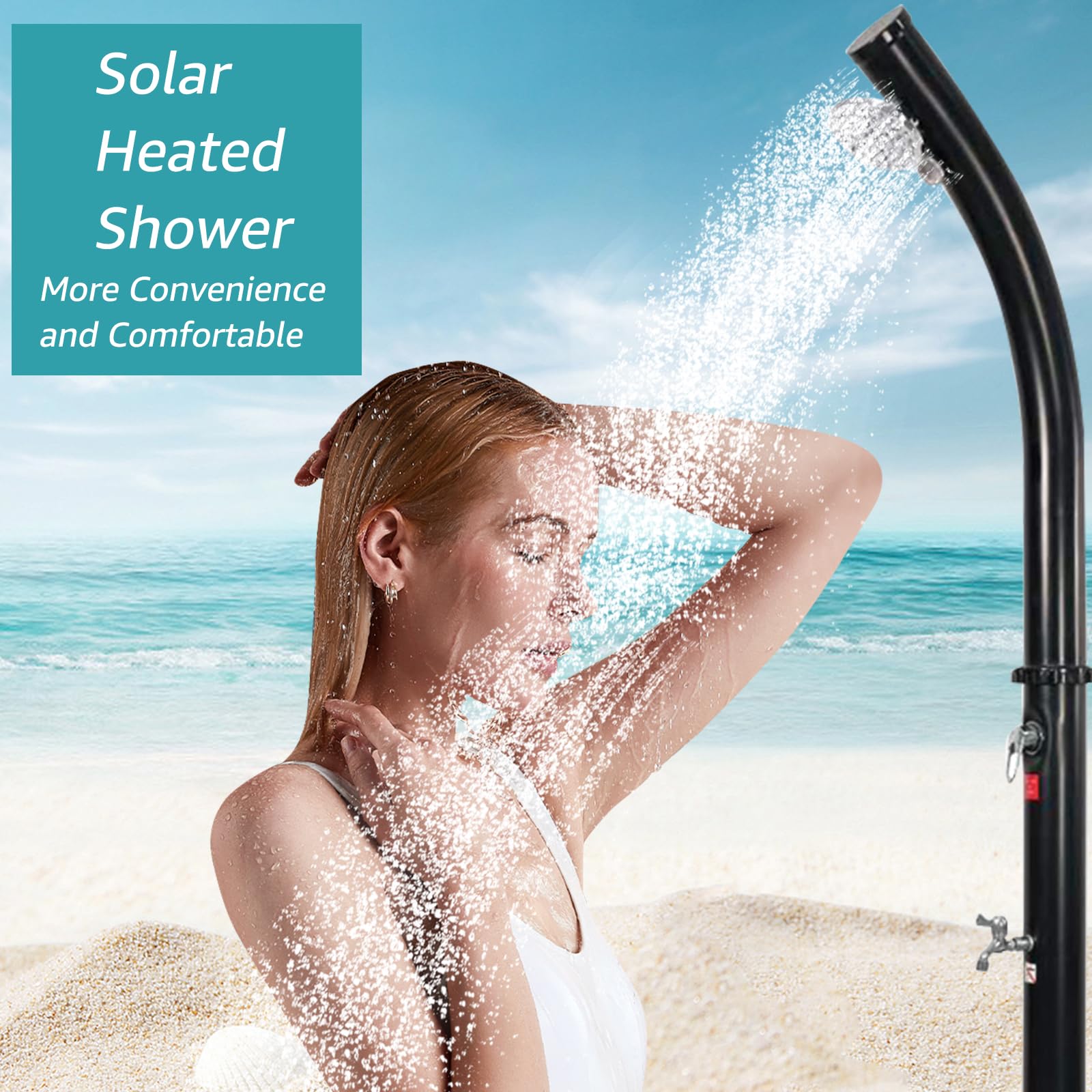 6.5 FT 5.3 Gallon Solar Outdoor Shower with Adjustable Shower Head, Foot Tap & Thermometer - Perfect for Pool, Backyard, Garden, Beach and Spa Use