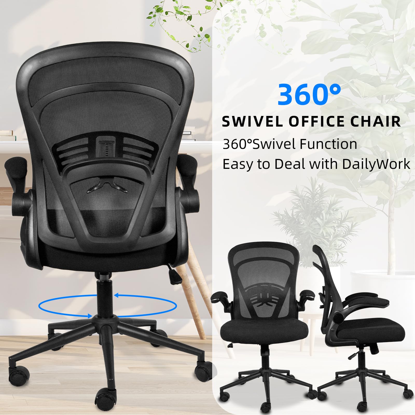 Ergonomic Mesh Office Chair with Wheels - Adjustable Lumbar Support & Flip-Up Arms, Swivel Computer Desk Chair for Home & Office Use - Comfortable Black Task Chair for Long Working Hours