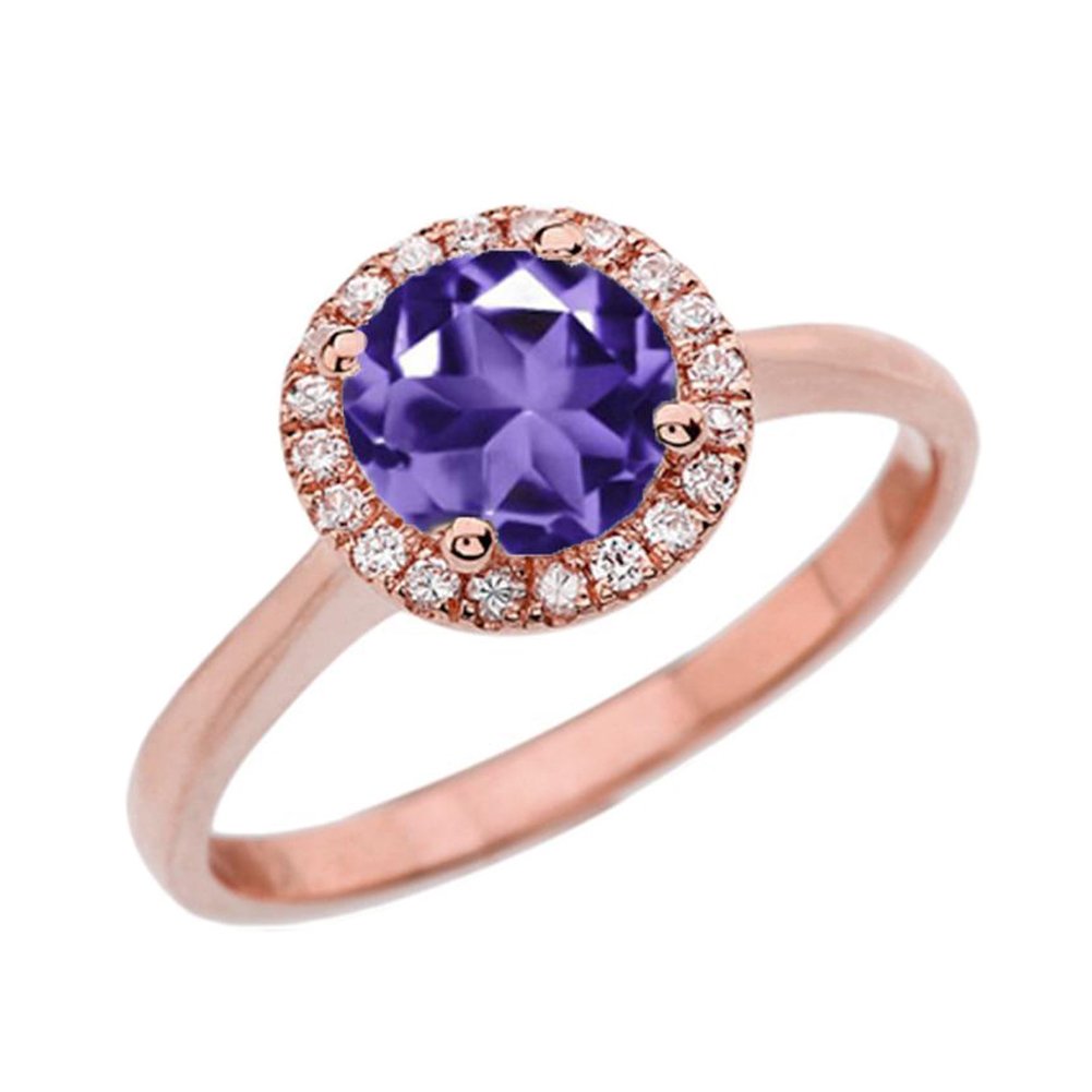 10k Rose Gold Diamond and Amethyst Halo Engagement Ring for Women - Modern Contemporary Wedding Proposal Ring - Perfect for Valentine's Day, Anniversary and Special Occasions