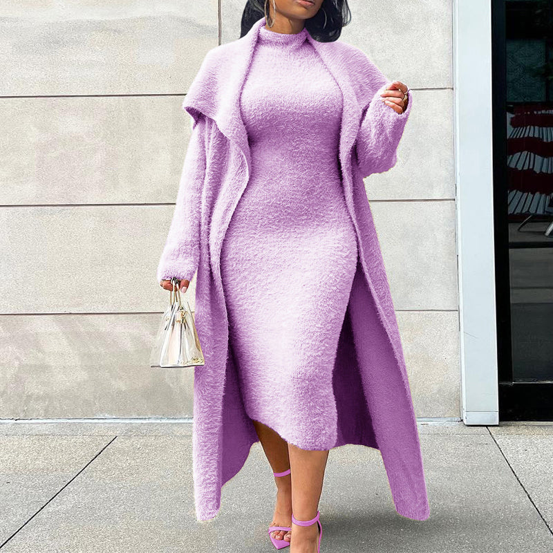 Reversible Fleece Dress Cardigan Set with Belt - Cozy Winter Outfit for Women | Perfect for Casual Wear, Office & Date Nights