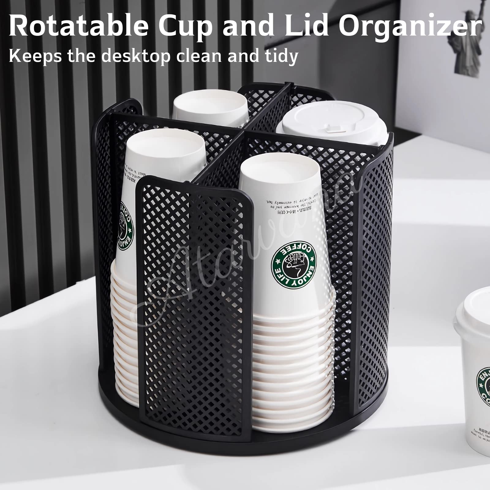 Rotatable 4-Compartment Coffee Cup Dispenser with Lids Holder - Organizer for 5-16oz Cups - Perfect for Restaurants, Coffee Stations, Bars, Offices & Homes (9.25