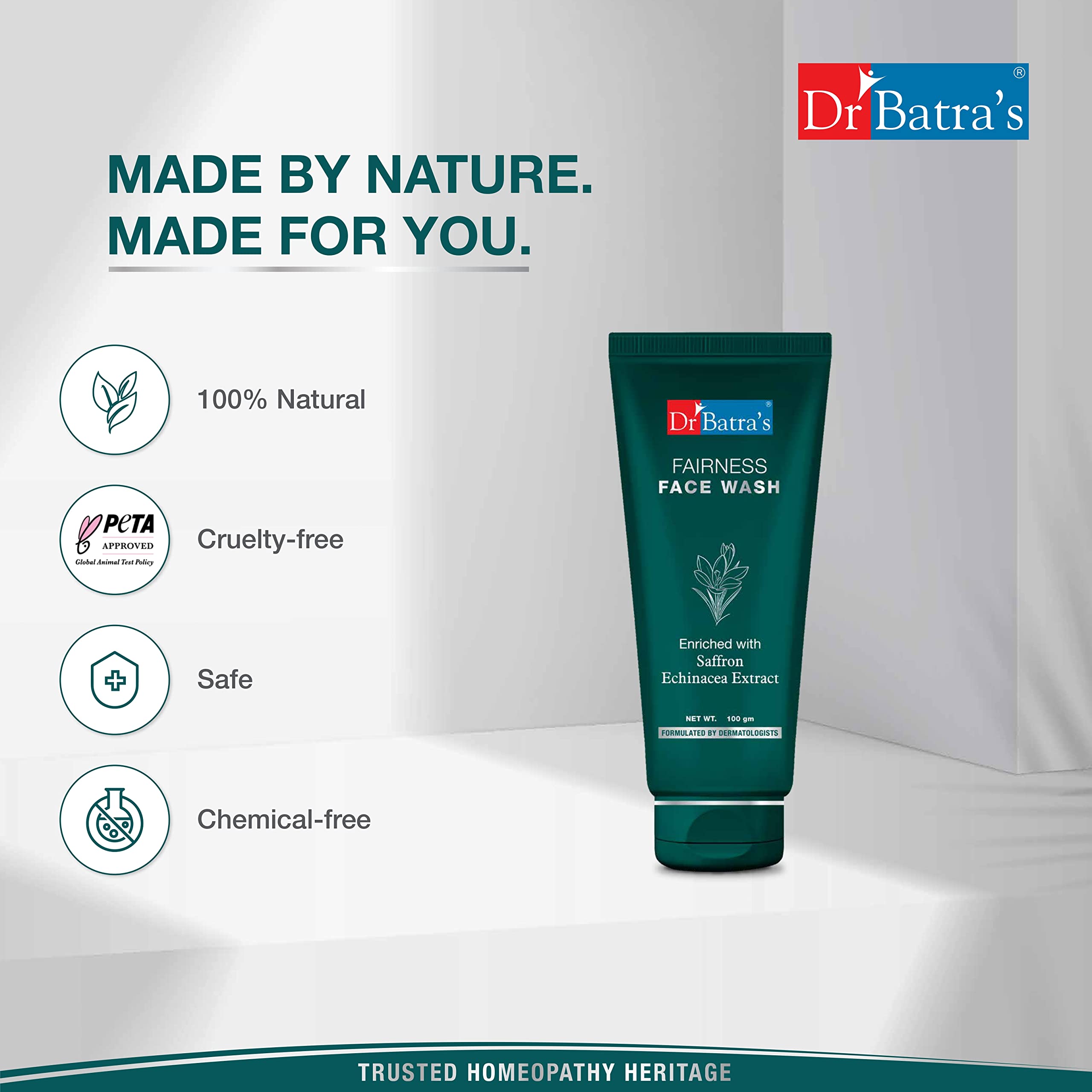 Dr. Batra's Fairness Face Wash with Echinacea & Saffron Extract - Brightening & Rejuvenating Face Wash for Natural Glow, Reduces UV Damage & Promotes Healthy Skin (100g) - Perfect for Daily Skincare Routine & Sun Protection
