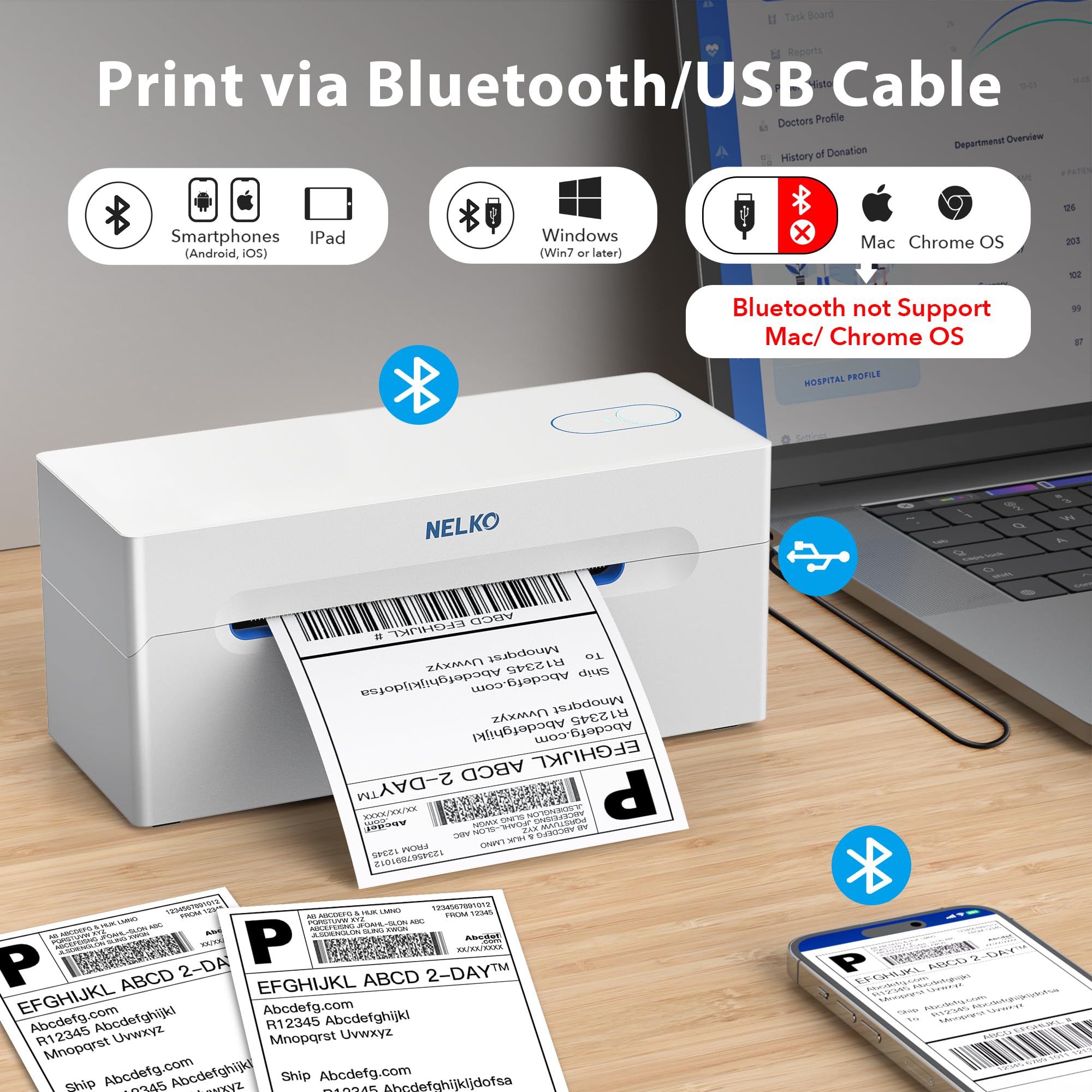 Nelko Wireless Bluetooth Thermal Label Printer 4x6 - Compatible with Android, iPhone, Windows for Amazon, eBay, Shopify Shipping - Portable Label Maker for Packages & E-commerce (Silver White) - Perfect for Home Business & Warehouse Logistics