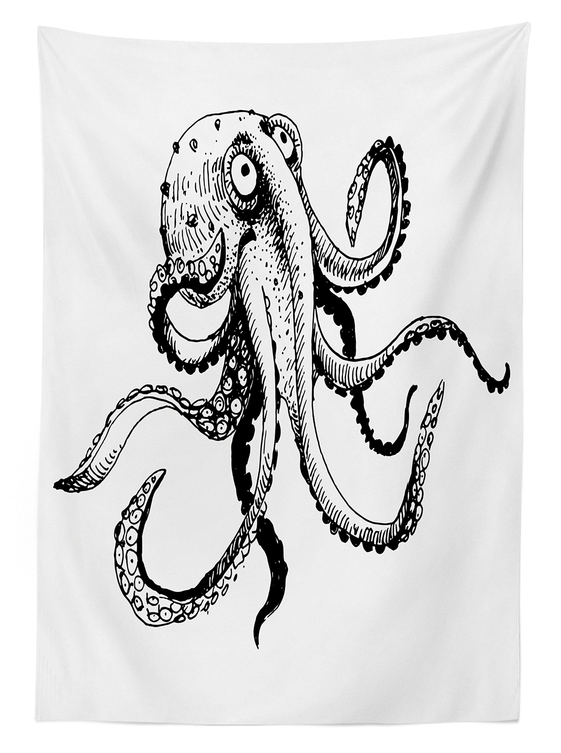 Ambesonne Octopus Outdoor Tablecloth - Smiling Shy Octopus Doodle Art Print, Washable Picnic Table Cover 58x84 Inches Black & White - Perfect for Beach Parties, BBQ Gatherings & Restaurant Decor