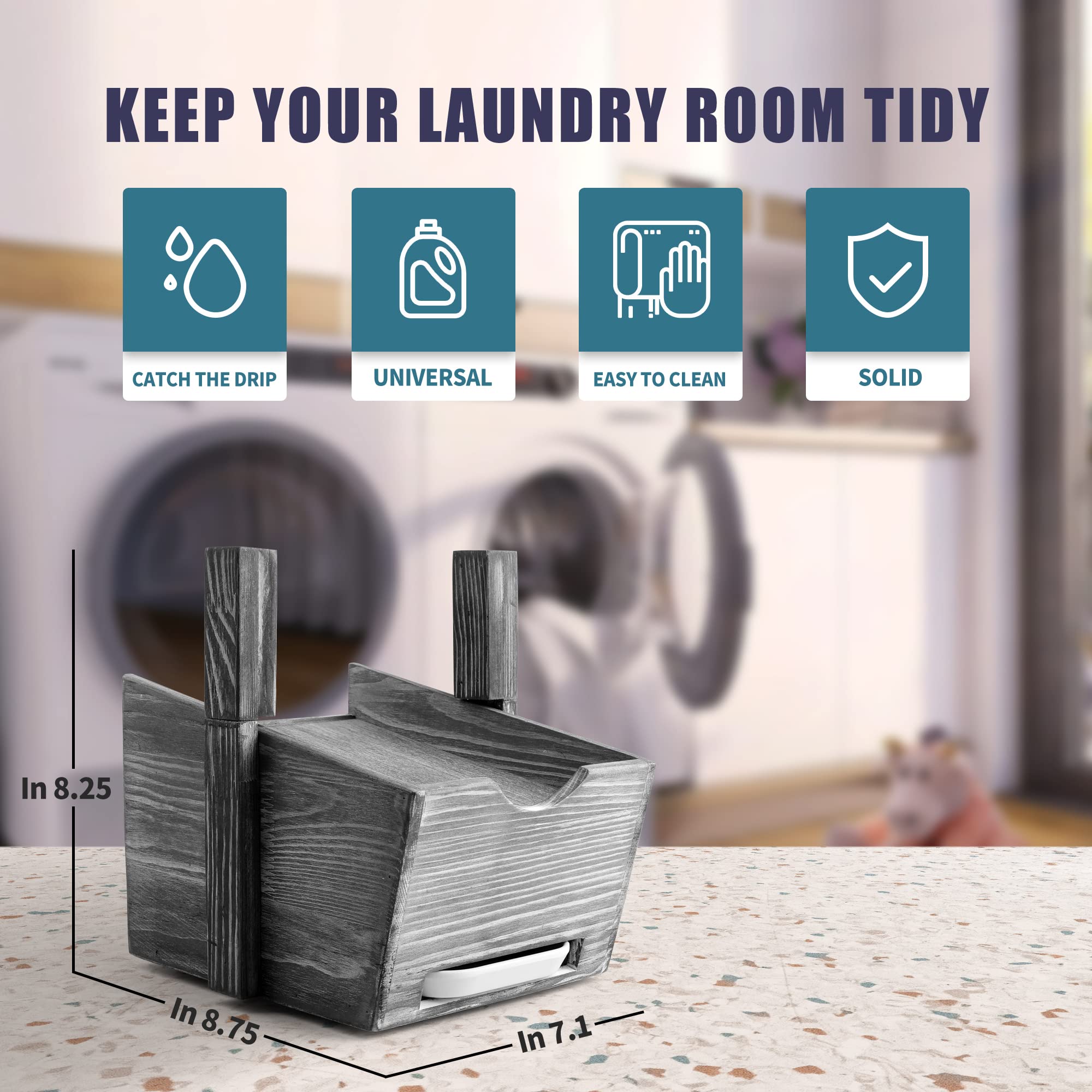 HOMKO Angled Laundry Detergent Holder & Drip Tray Catcher - Wooden Detergent Stand for Laundry Room Organization (Grey) | Space-Saving Storage Solution for Washers & Dryers in Homes & Apartments