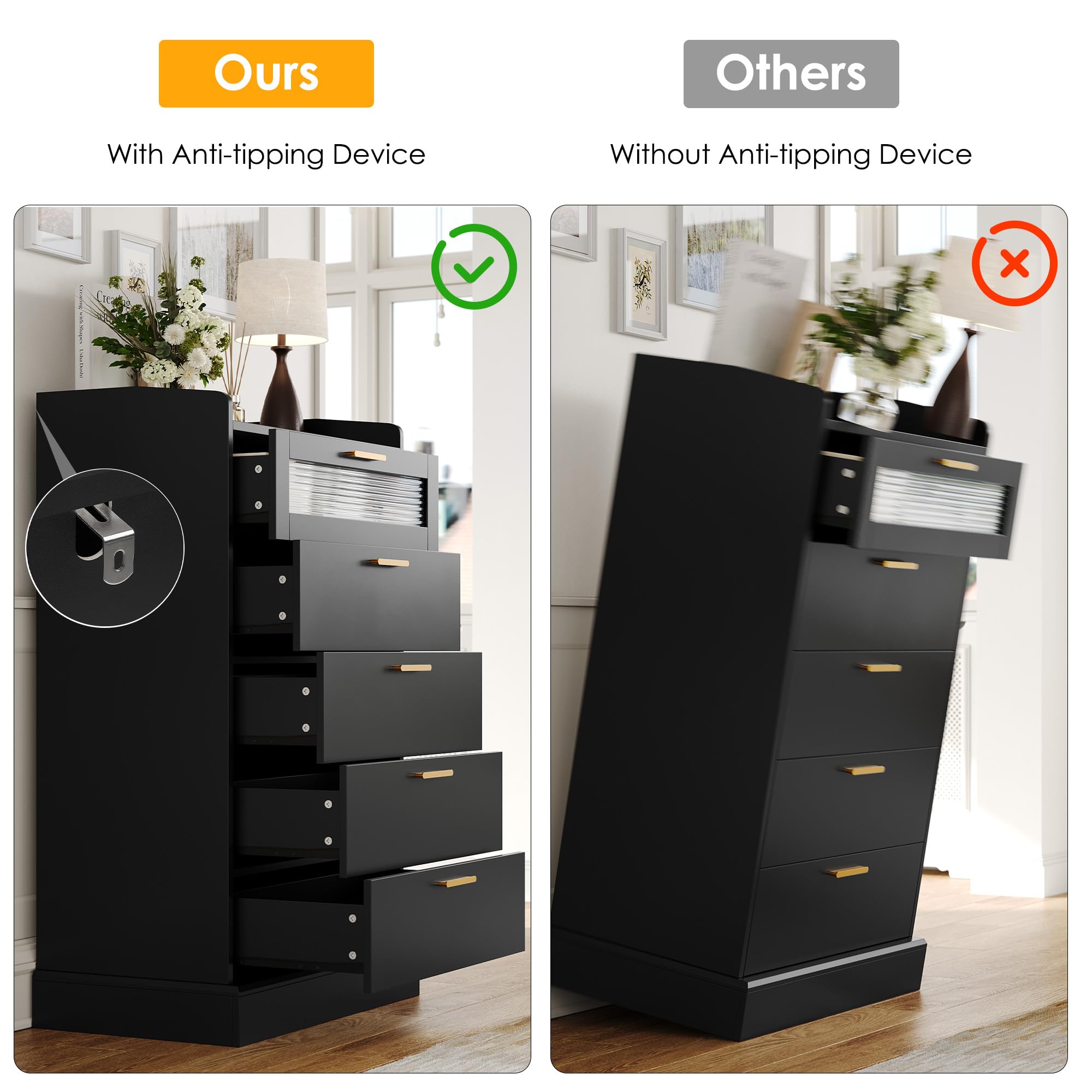 Modern 5-Drawer Dresser with Gold Handles - Wooden Storage Cabinet with Anti-Drop Fence & Fluted Glass - Black Chest of Drawers for Bedroom, Living Room, Hallway & Entryway - Perfect for Home Organization & Stylish Storage Solutions