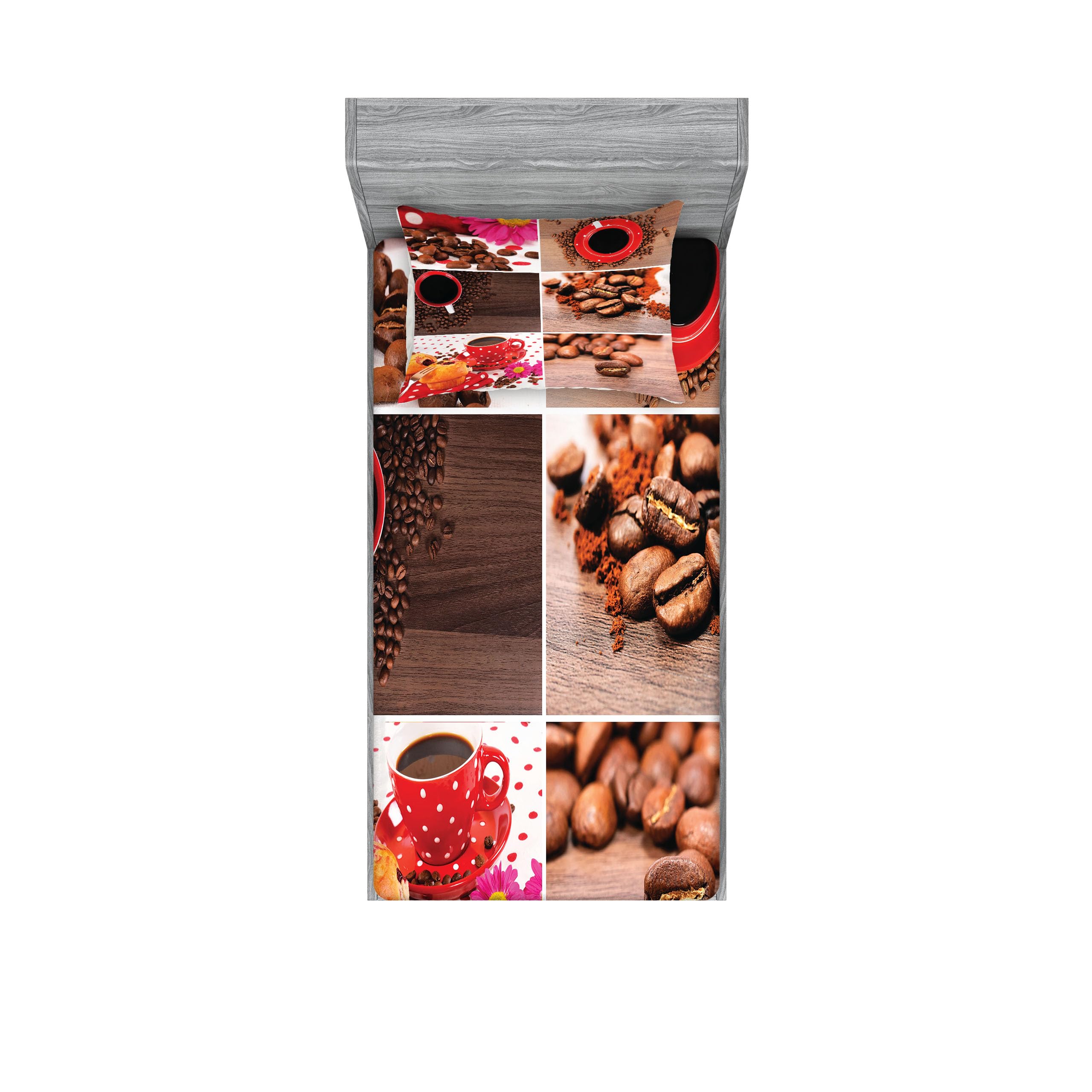 Ambesonne Coffee Lover's 2-Piece Bedding Set - Fitted Sheet & Pillow Sham with Coffee Mug, Polka Dot, Flower & Bean Photography Print - Twin Size Brown Red Decor for Bedroom, Dorm or Cafe Themed Spaces