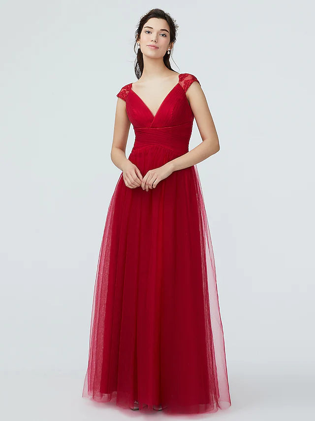 Elegant A-Line Bridesmaid Dress with V-Neck & Short Sleeves - Sparkle & Shine Floor-Length Lace Tulle Gown with Pleats | Perfect for Weddings, Formal Events & Special Occasions