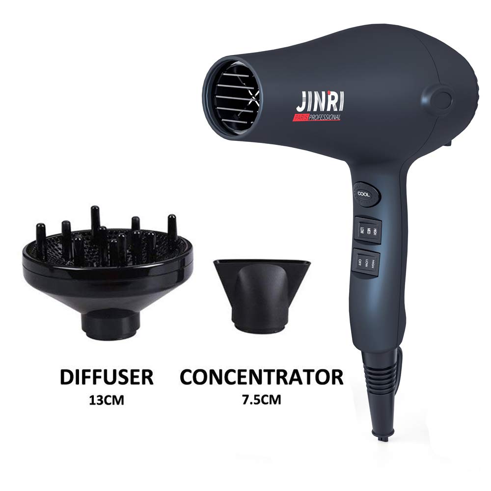 Jinri 1875W Professional Ionic Salon Hair Dryer - Lightweight Fast Drying with 2 Speeds & 3 Heat Settings | Includes Concentrator, Diffuser & Styling Pick Comb | Perfect for Home Use, Salon Professionals & Travel