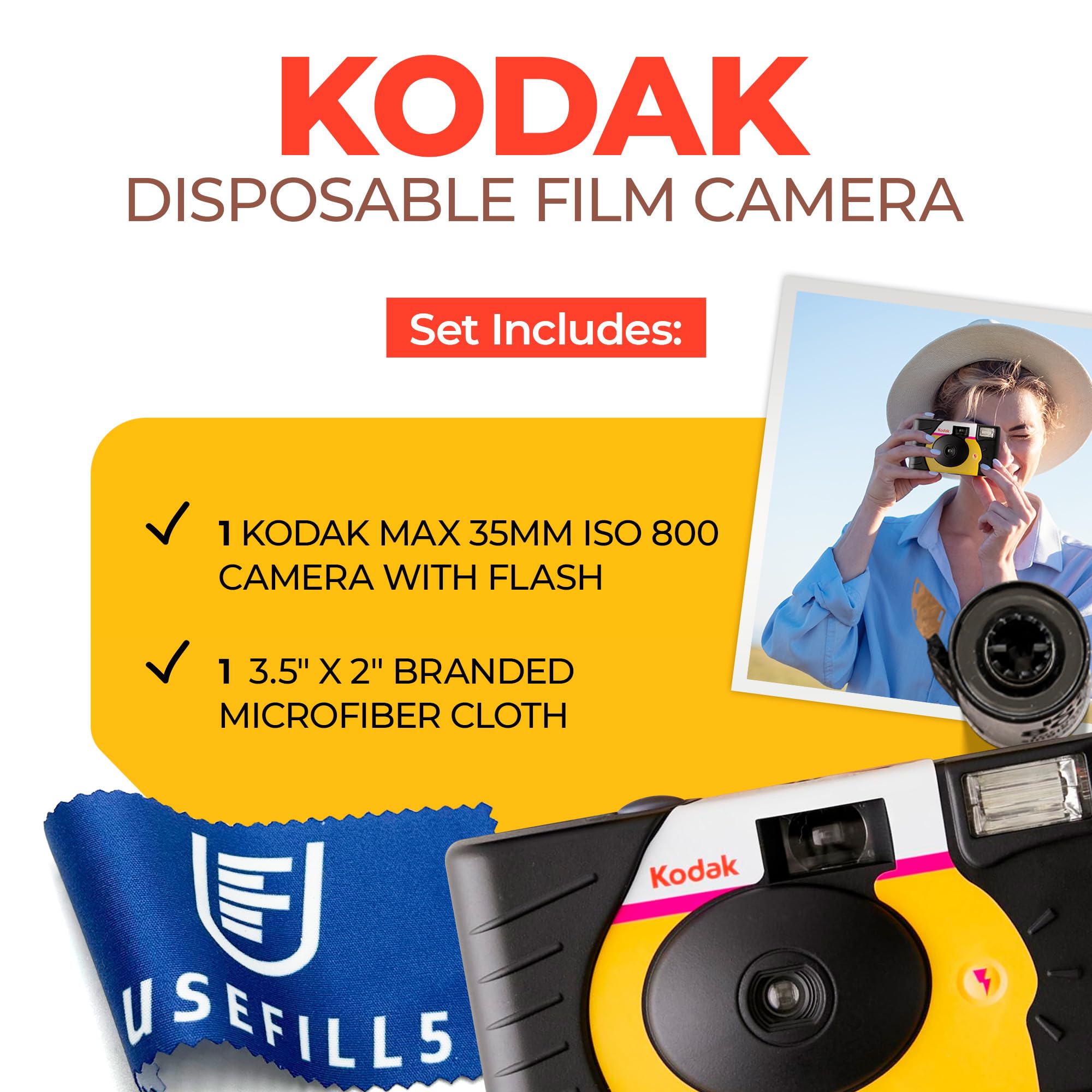 Kodak Disposable Camera Bundle - Single Use Film Camera with Powerflash, ISO 800 35mm Film (27 Exposures) & Microfiber Cloth - Perfect for Weddings, Travel & Parties - USEFILL5 (1 Pack)